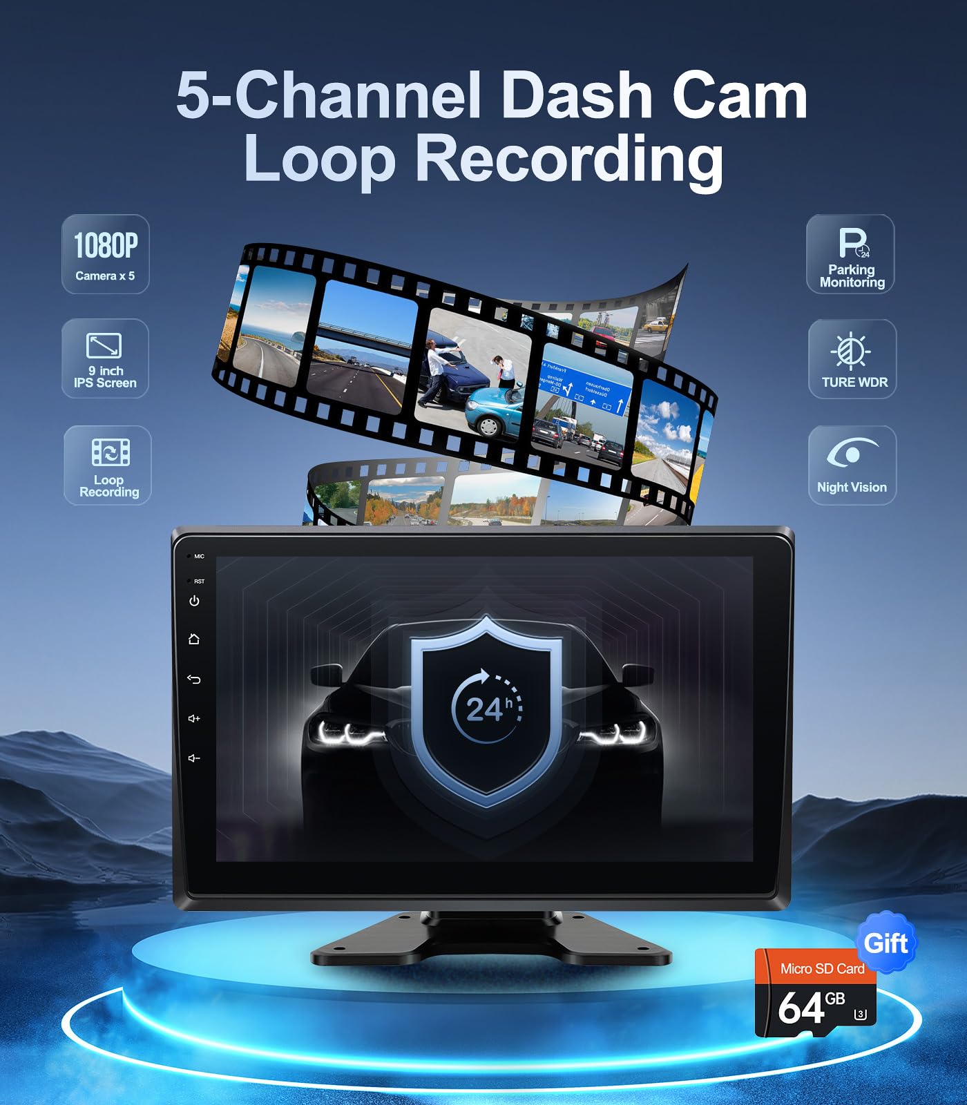 5-Channel 1080P Backup Camera Dash Cam With 9'' Monitor Android.11 System,Dvr Recording Back Up Camera For Rv/Truck/Van/Trailer/