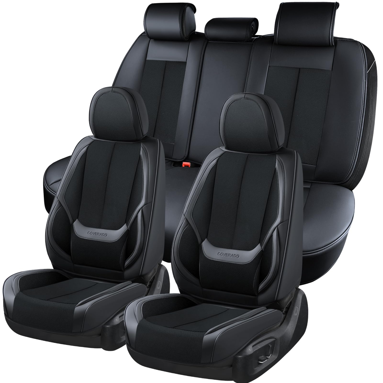 Coverado Front And Back Seat Covers 5 Pieces, Full Set Universal Seat Covers For Cars, Breathable Fabric&Leather Car Seat Protec
