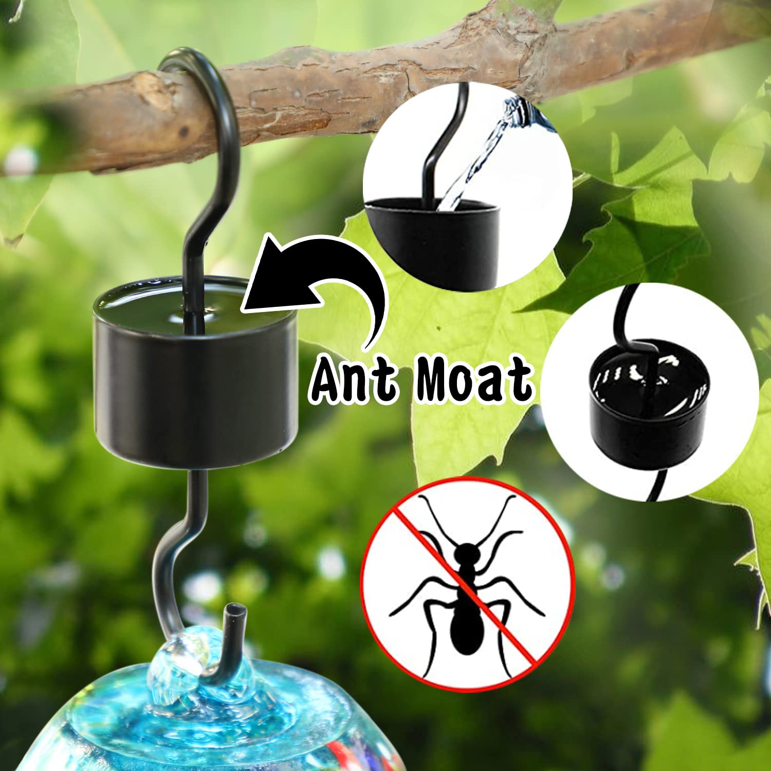 Jalamwang Hummingbird Feeder For Outdoors Hanging, 25 Ounces, Hand Blown Glass, Leak Proof Rustproof, Containing Ant Moat, For A