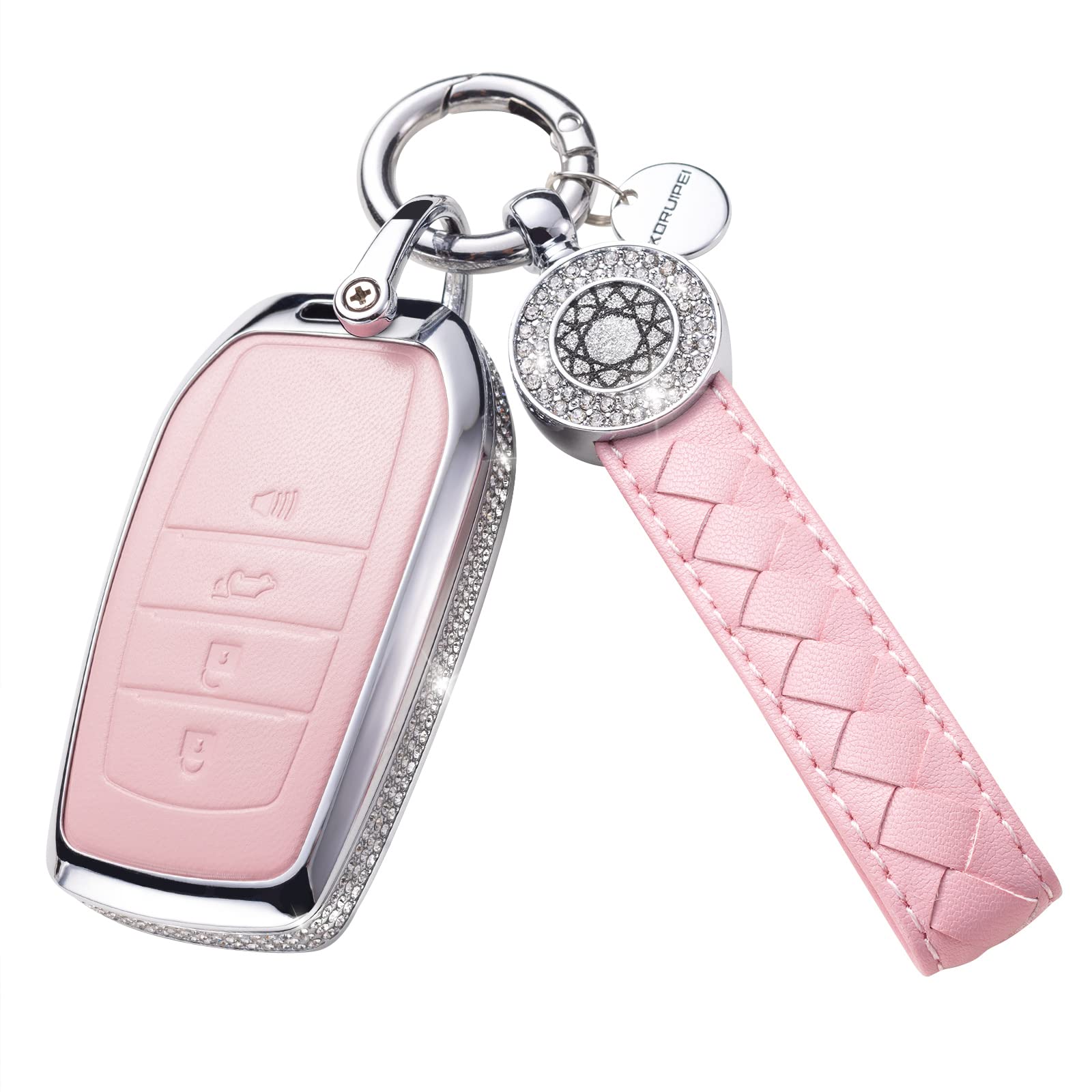 Ruabiban Compatible Toyota Key Fob Cover With Keychain, Pink Genuine Leather Crystal Case For Avalon Camry Corolla Rav4 Sequoia