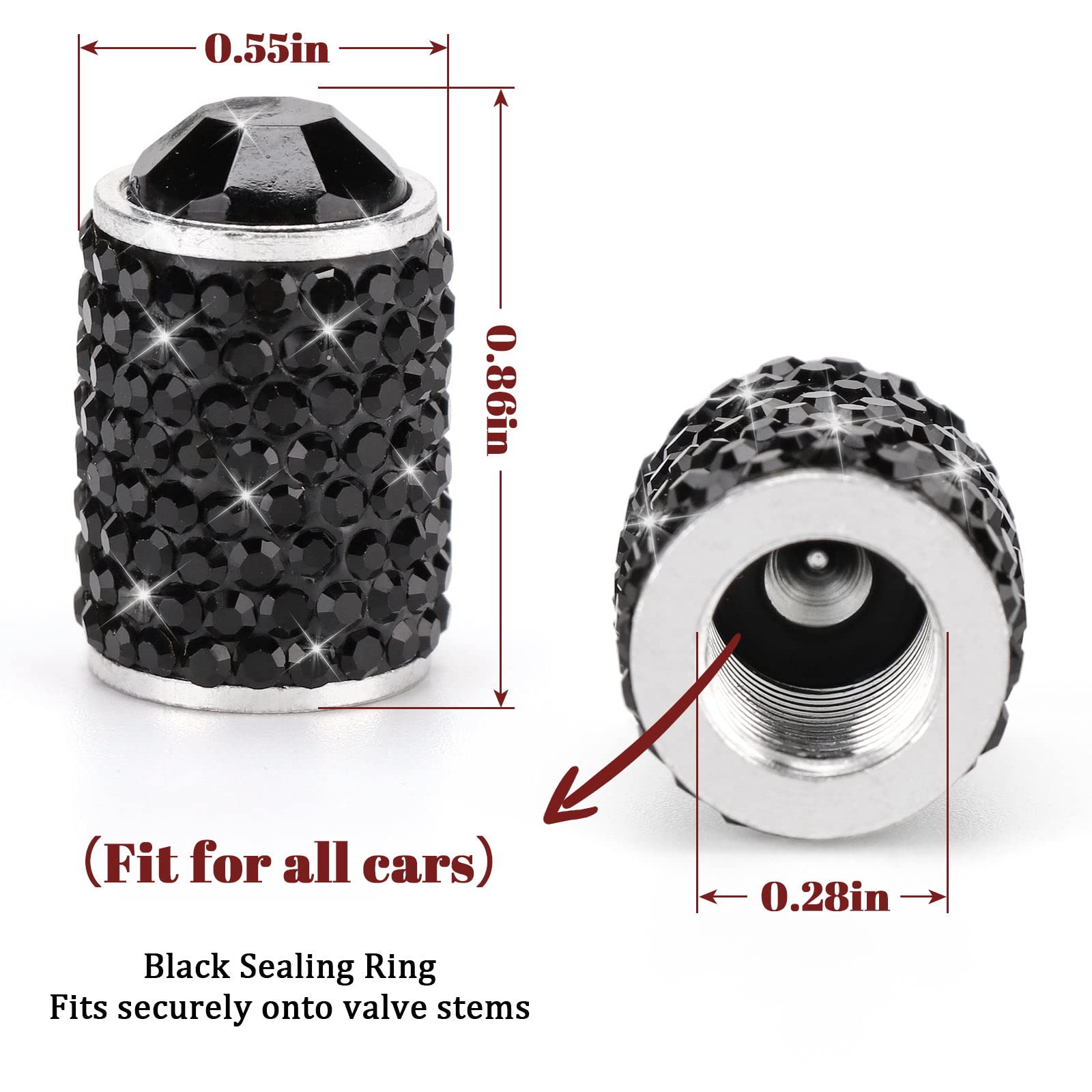 Tobequeen Bling Tire Valve Covers Black, 4 Pack Handmade Crystal Rhinestone Car Tire Caps Universal Dustproof Bling Car Accessories For Car/Suv/Motorcycle/Bike(Black)