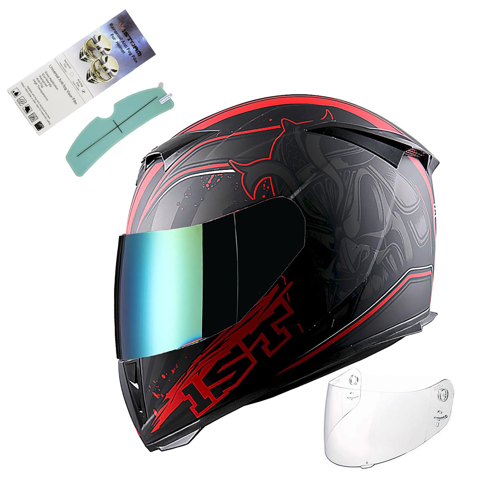 1STorm Motorcycle Full Face Helmet Skull King Matt Red+ One Extra Clear Shield, Size Medium (55-56 CM,21.7/22.0 Inch)