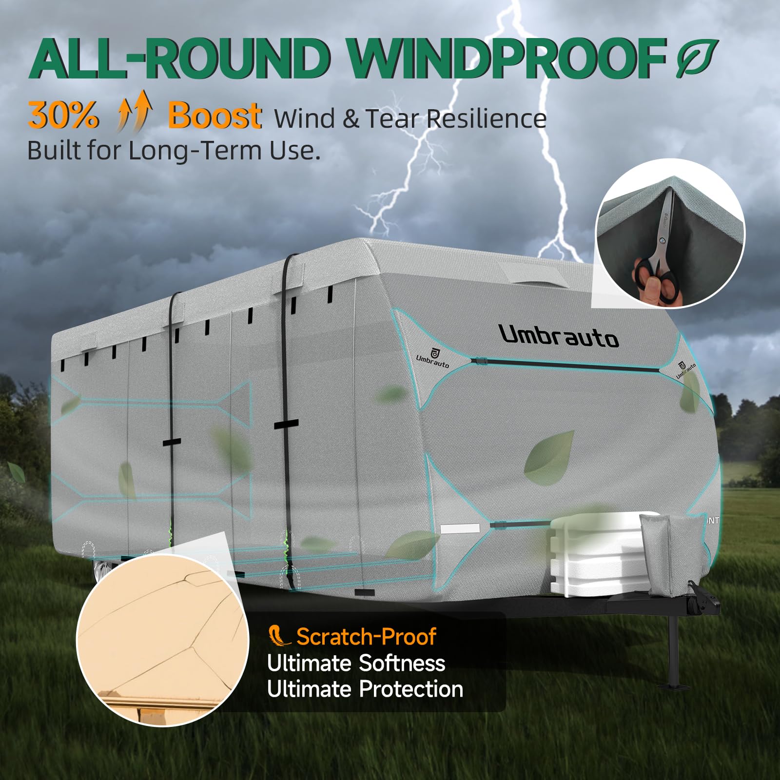 Rv Cover Umbrauto 2023 Upgraded 7 Layers Top Camper Cover Windproof Travel Trailer Cover For 23' To 24' Rv, Toy Hauler Cover With Tongue Jack Cover, Extra Windproof Ropes, Gutter Covers