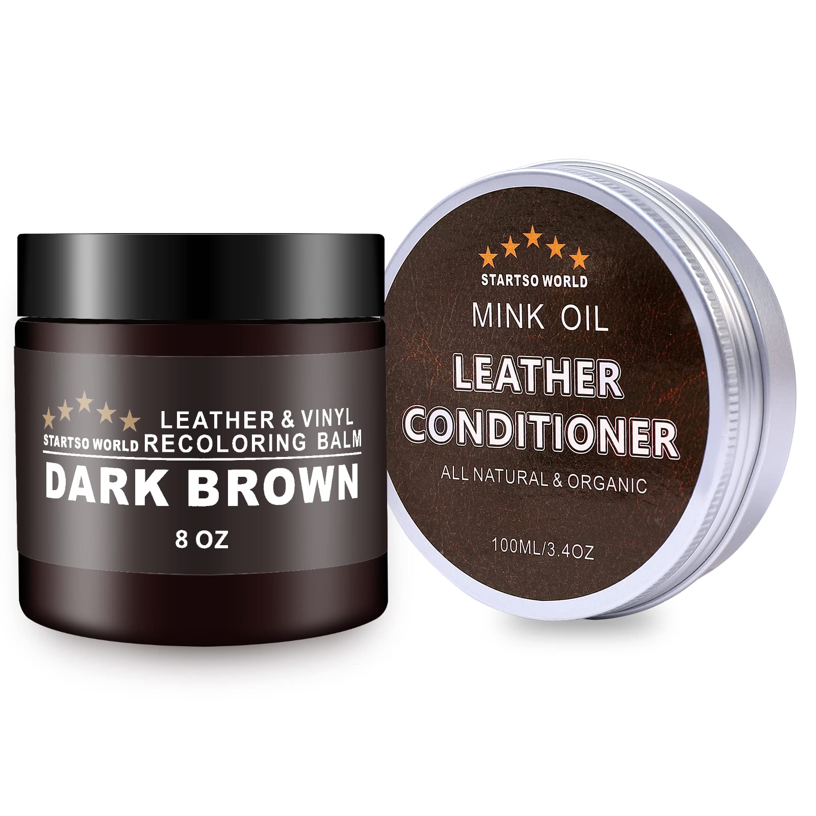 STARTSO WORLD Dark Brown Leather Recoloring Balm & Conditioner with Mink Oil - Repair Kit for Couches, Car Seats, Shoes & Vinyl