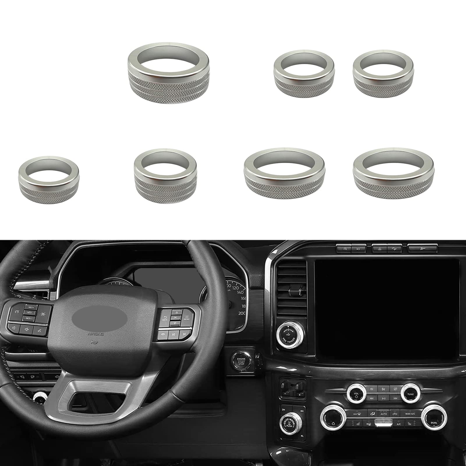Keptrim for Ford F150 2021 2022 2023 2024 2025 Knob Air Conditioner Switch & Trailer & 4WD & VOL & Headlight Button Ring Trim, S