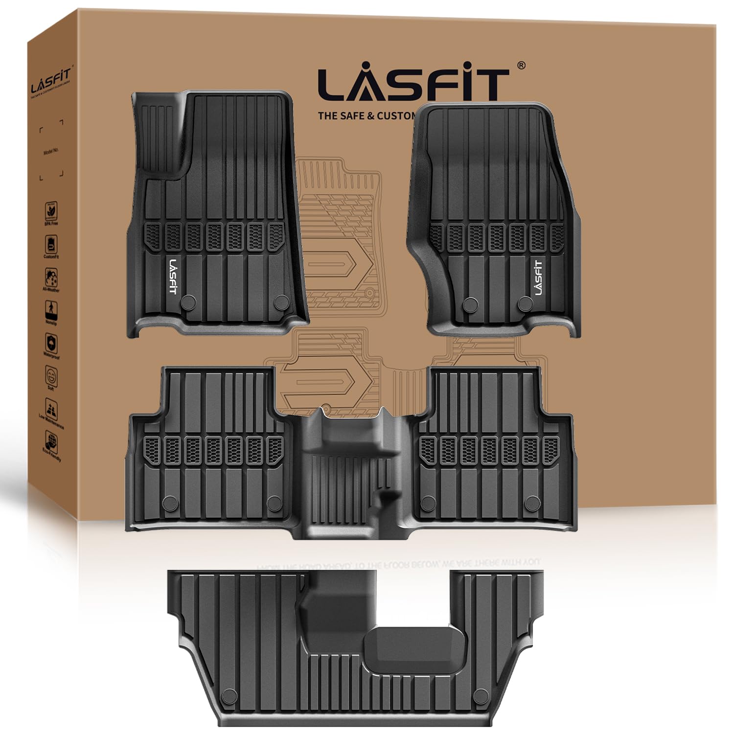 LASFIT Floor Mats for Jeep Grand Cherokee L 2021-2025 7-Seat (NOT Fit for 6-Passenger) All Weather TPE Custom Fit Car Mats Floor