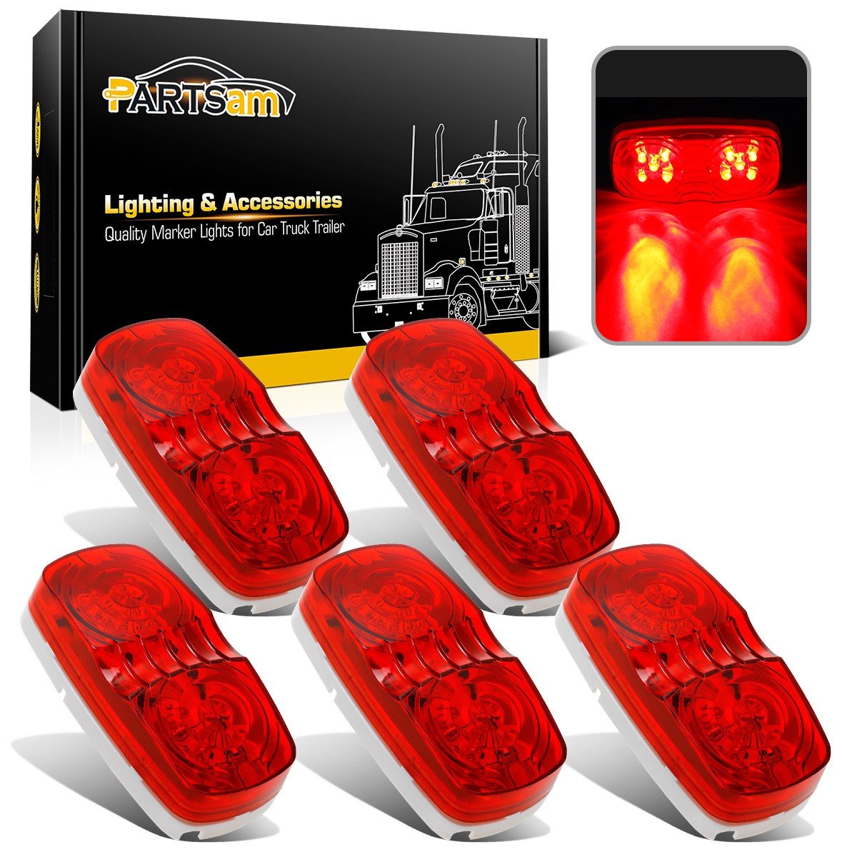 Partsam 5Pcs Double Bubble Bullseye Led Side Marker Clearance Lights, Red 10Led Surface Mount 4'' Rectangular Rectangle Tiger Ey