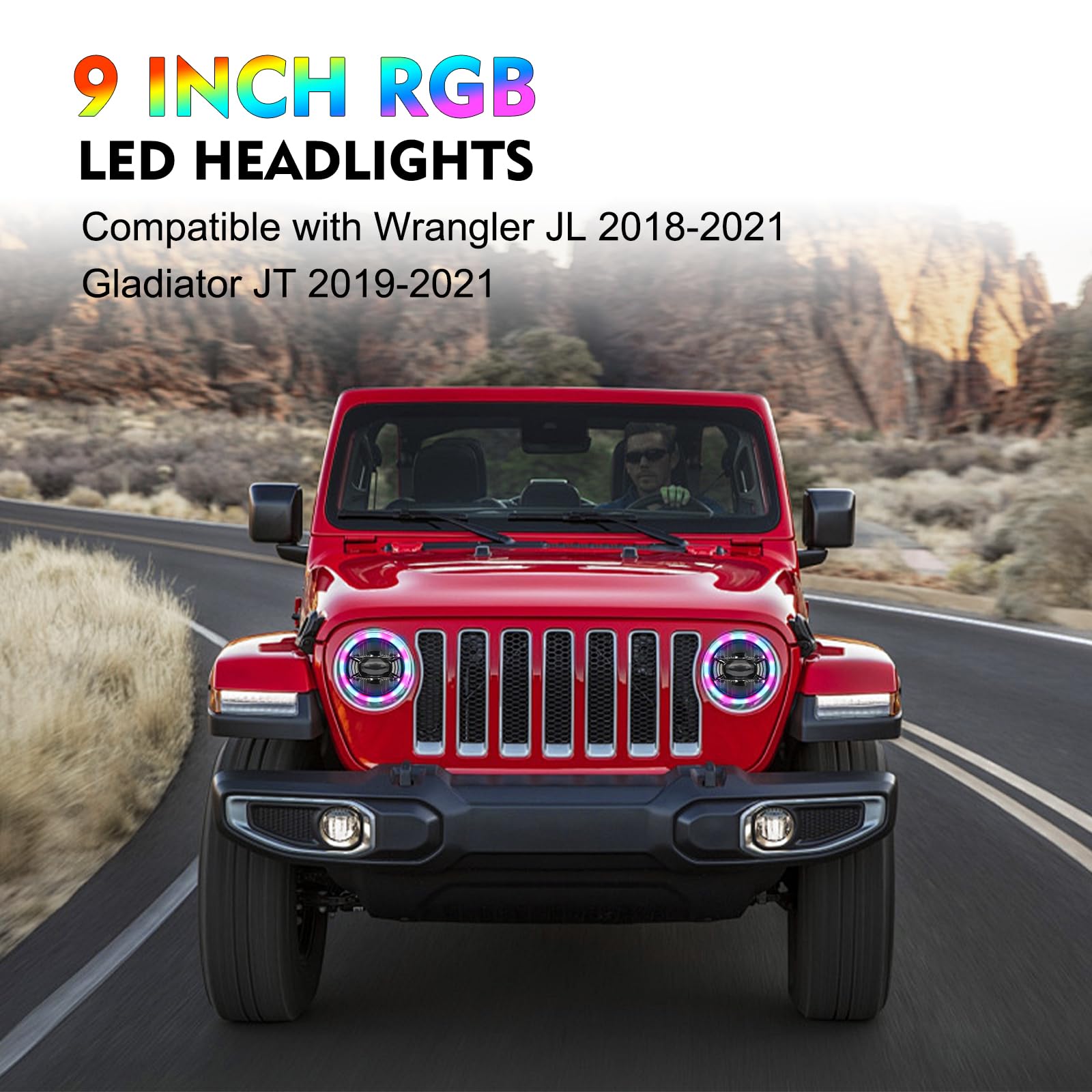 Beeyeo 9 Inch Led Headlights Rgb Halo Ring 9    Round Front Head Light, Remote Phone App Control Dot Approved For Wrangler Jl 20
