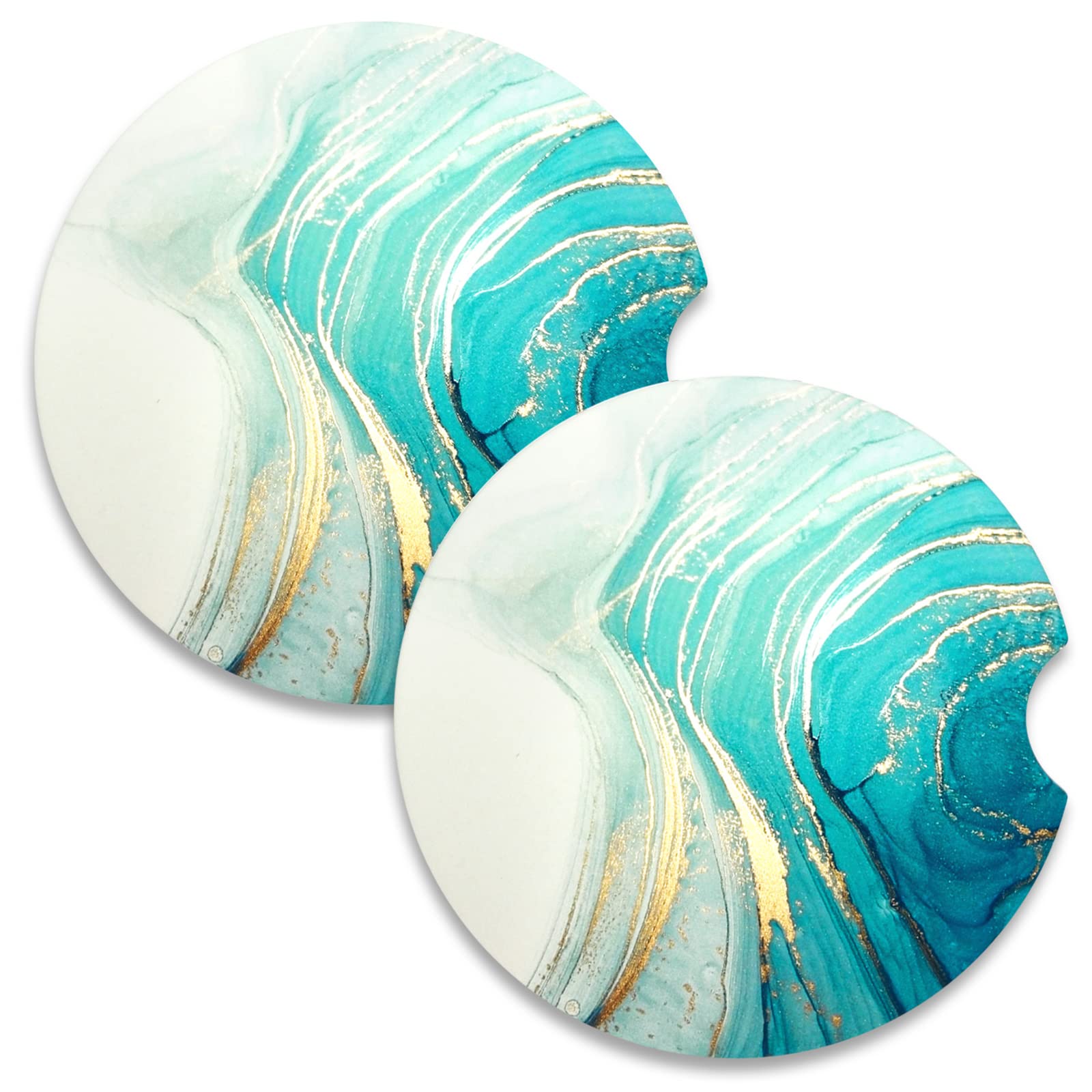 Nipichsha Car Coasters For Cup Holders, 2 Pack Absorbent Ceramic Car Cup Holder Coaster For Drinks, Cute Car Assecories For Women Men, Size 2.56' With Finger Notch & Cork Base, Teal Marble