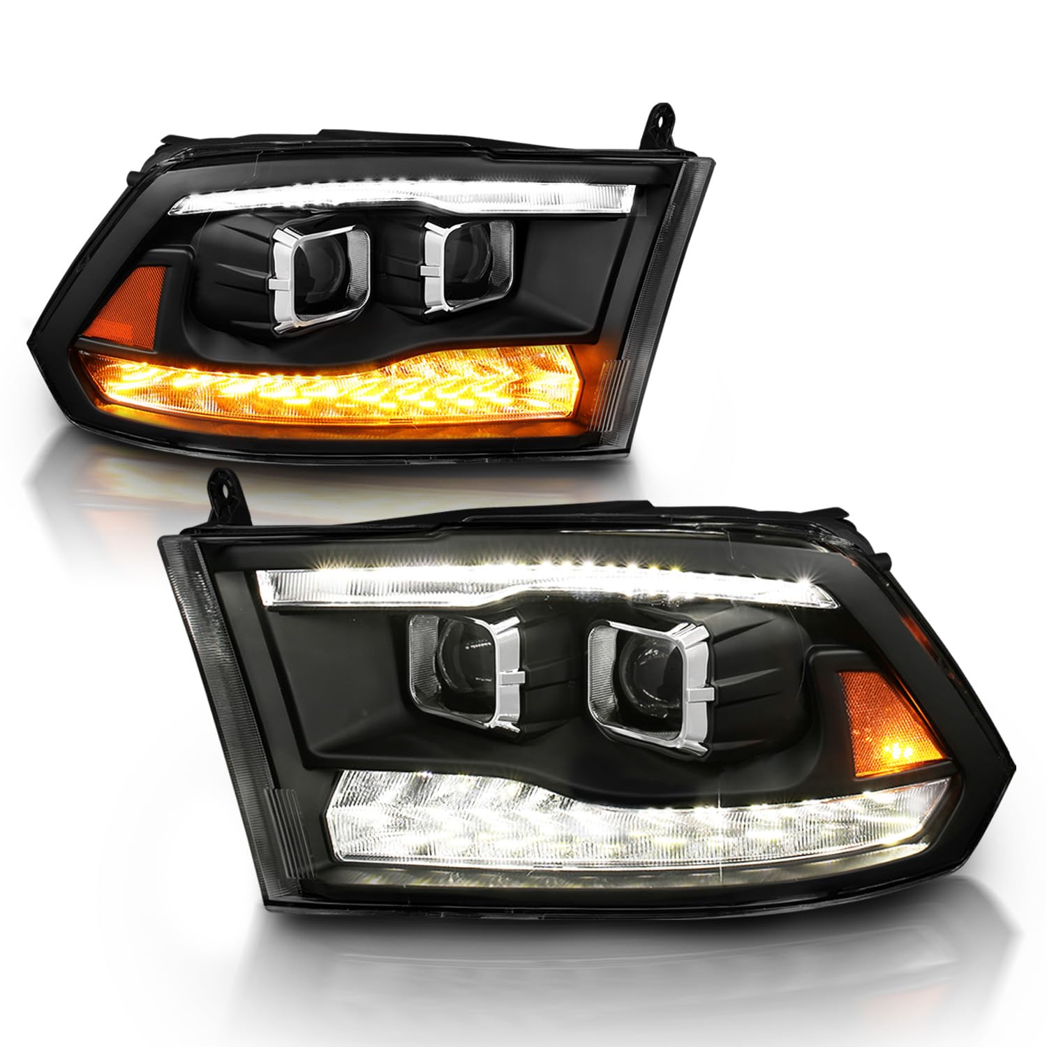 Amerilite For 2009-2018 Dodge Ram 1500 2500 3500 [Both Model] Upgraded Projector Switchback Led Tube Black Headlights Assembly P