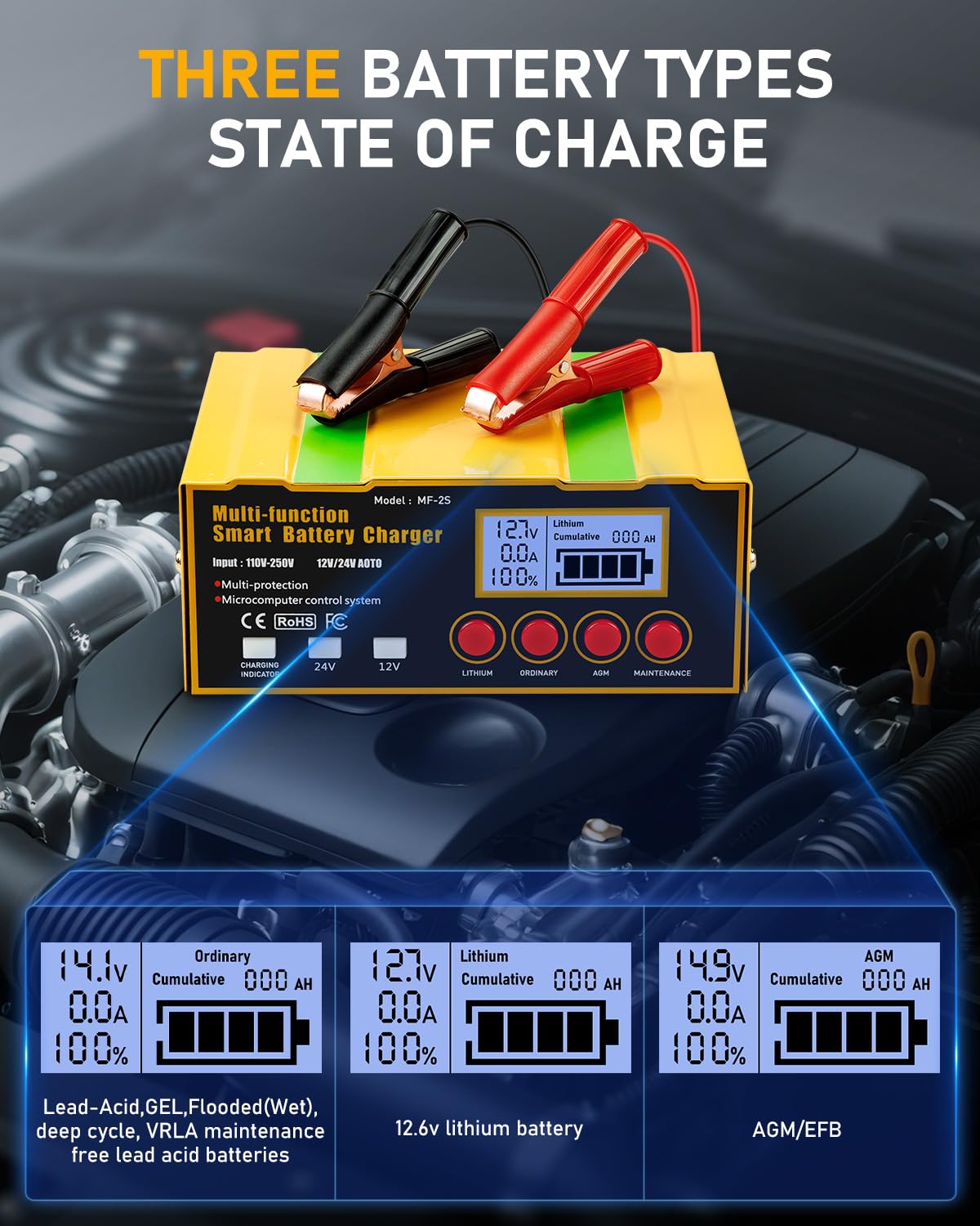 12-Amp Smart Battery Charger,Lithium,Lead-Acid(AGM/Gel/SLA) Pulse Repair Car Battery Charger,Trickle Charger,Maintainer/Deep Cyc