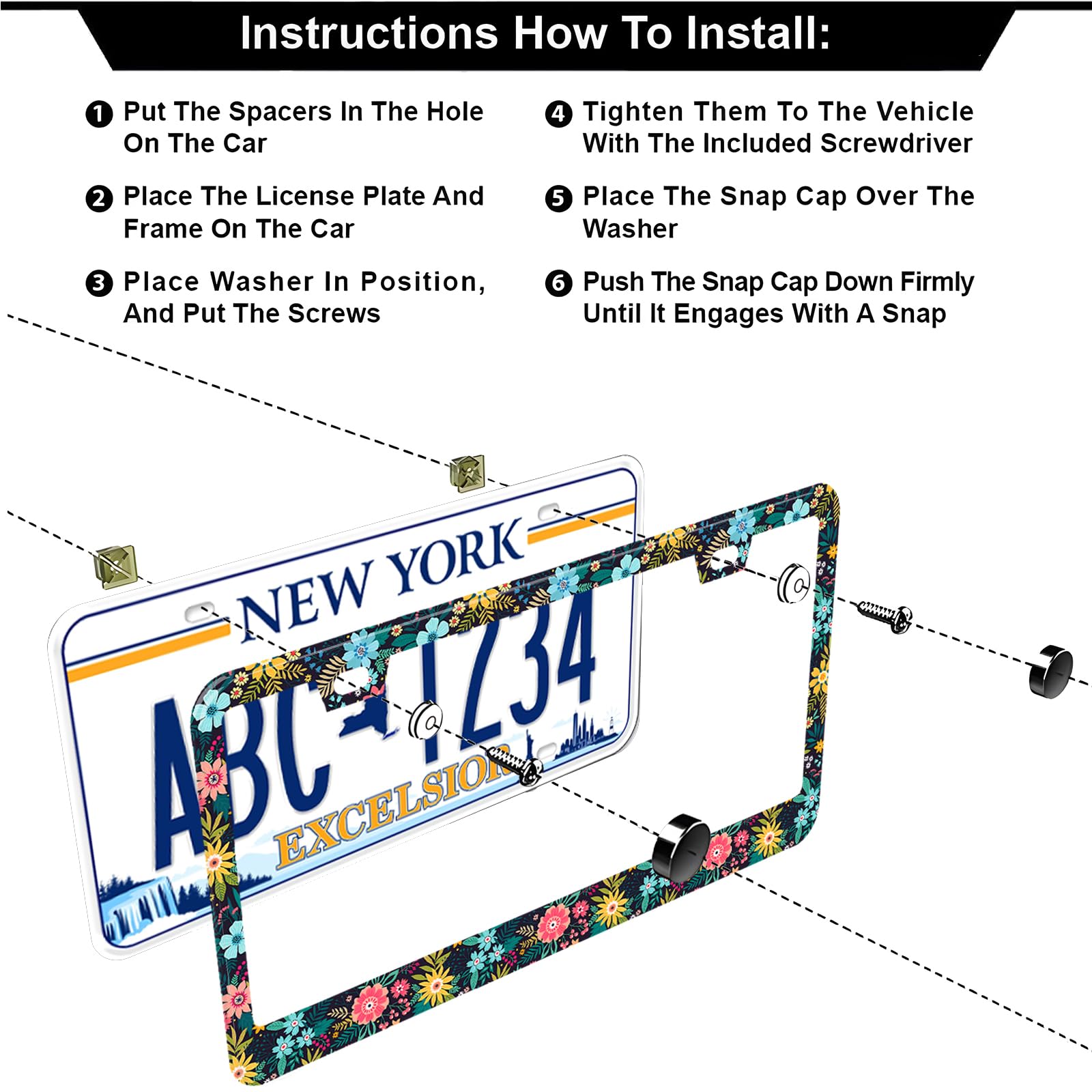 Colorful Flowers And Leaves License Plate Frames, 2 Pack Colorful Floral Car Plate Frame, Stainless Steel License Plate Holders