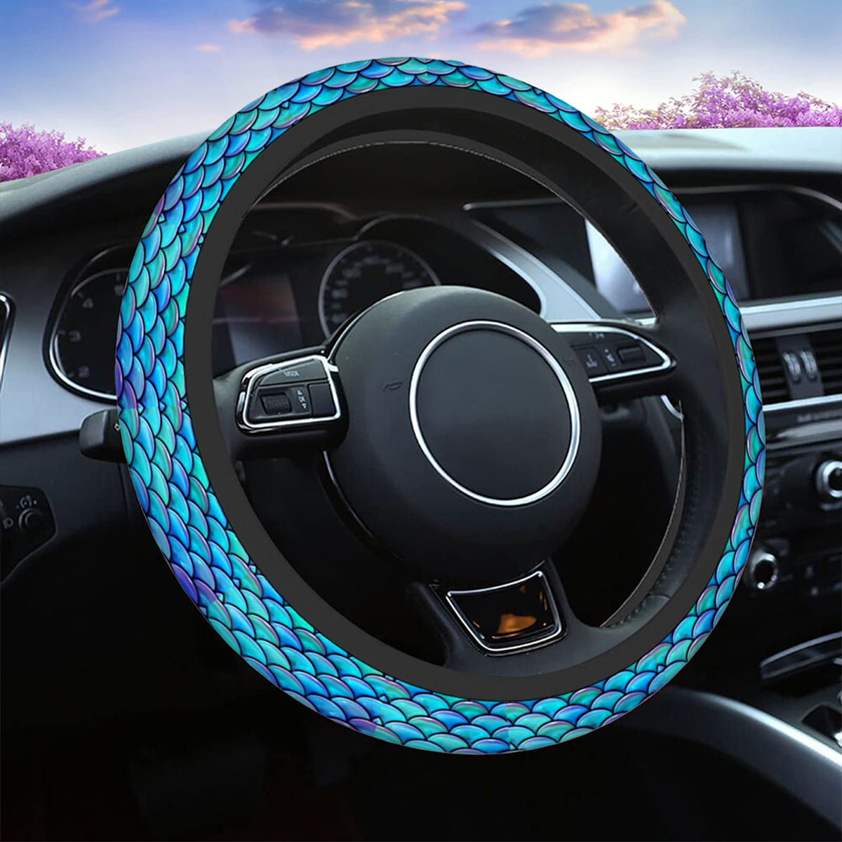 Swono Mermaid Bling Steering Wheel Cover Universal 15 Inch Abstract Blue And Purple Mermaid Fish Scale Neoprene Car Steering Whe