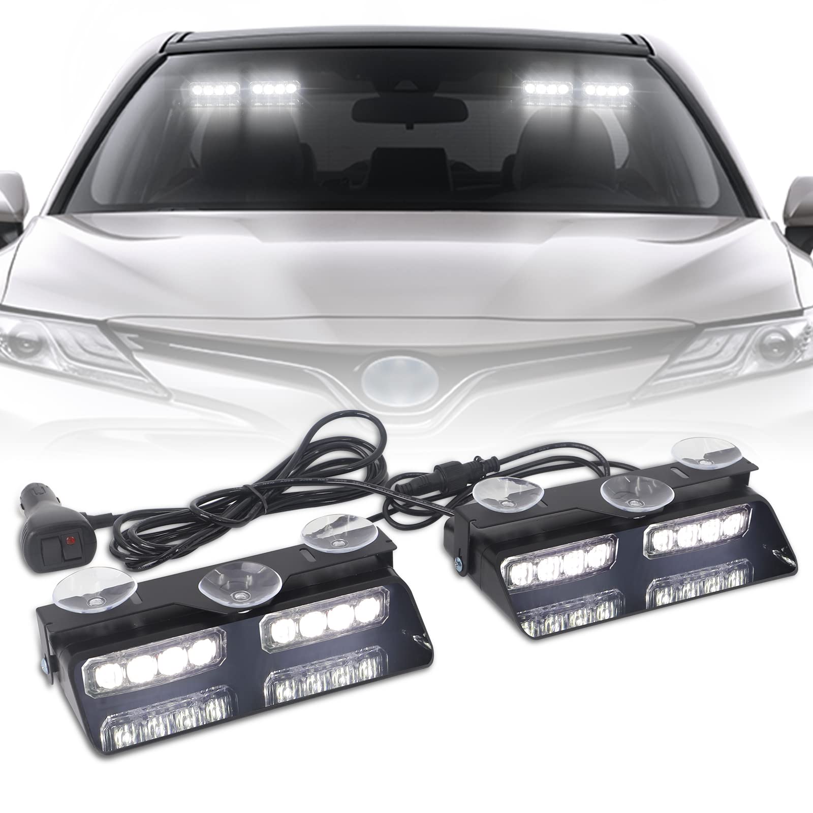 Xridonsen White 2 In 1 Dash Emergency Strobe Lights Front/Rear Windshield Lights Warning Safety Flashing W/Suction Cups For Volu