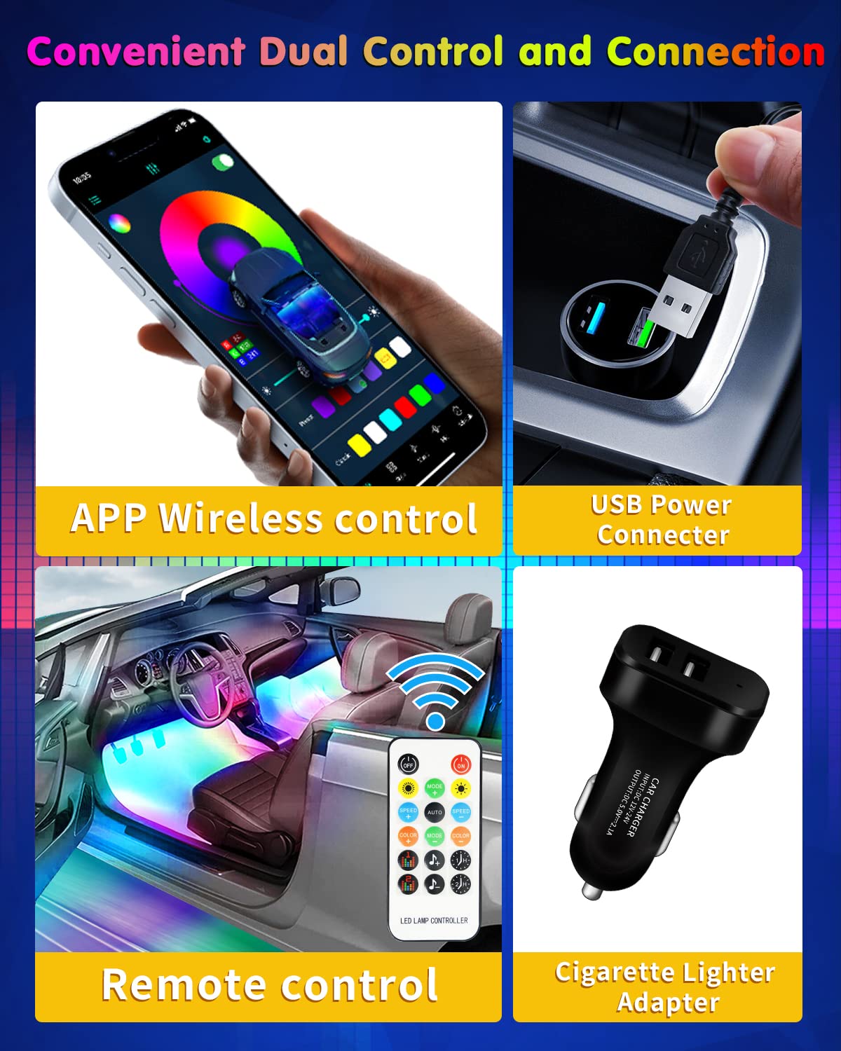 Rgb 72 Led Interior Car Strip Lights With Smart App Control, 2 Lines Design Music Sync Under Dash Footwell Neon Internal Lightin