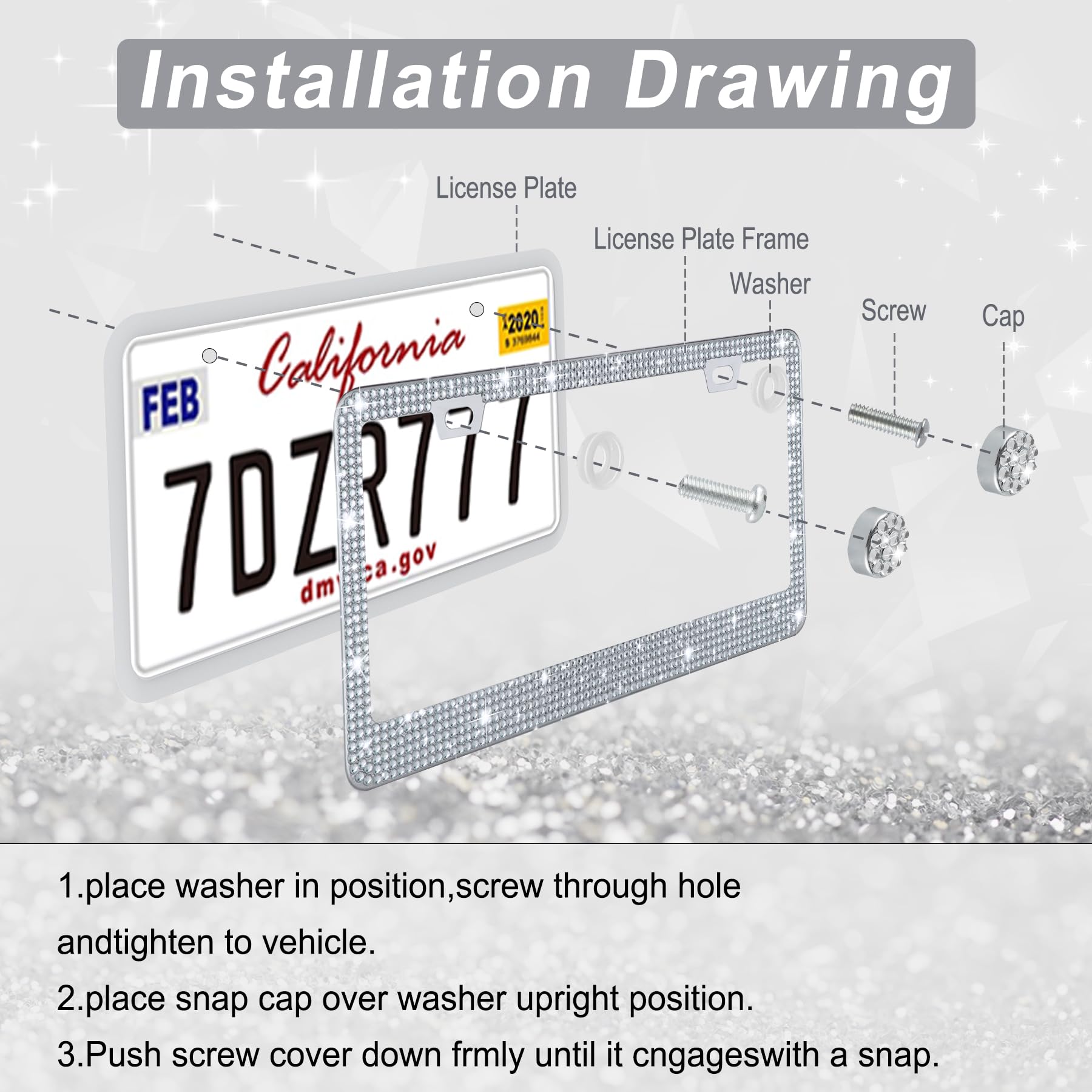 Amiss Bling License Plate Frame For Women, 1Pack Rhinestone Handcrafted Crystal Premium Stainless Steel, Stainless Steel Car Acc