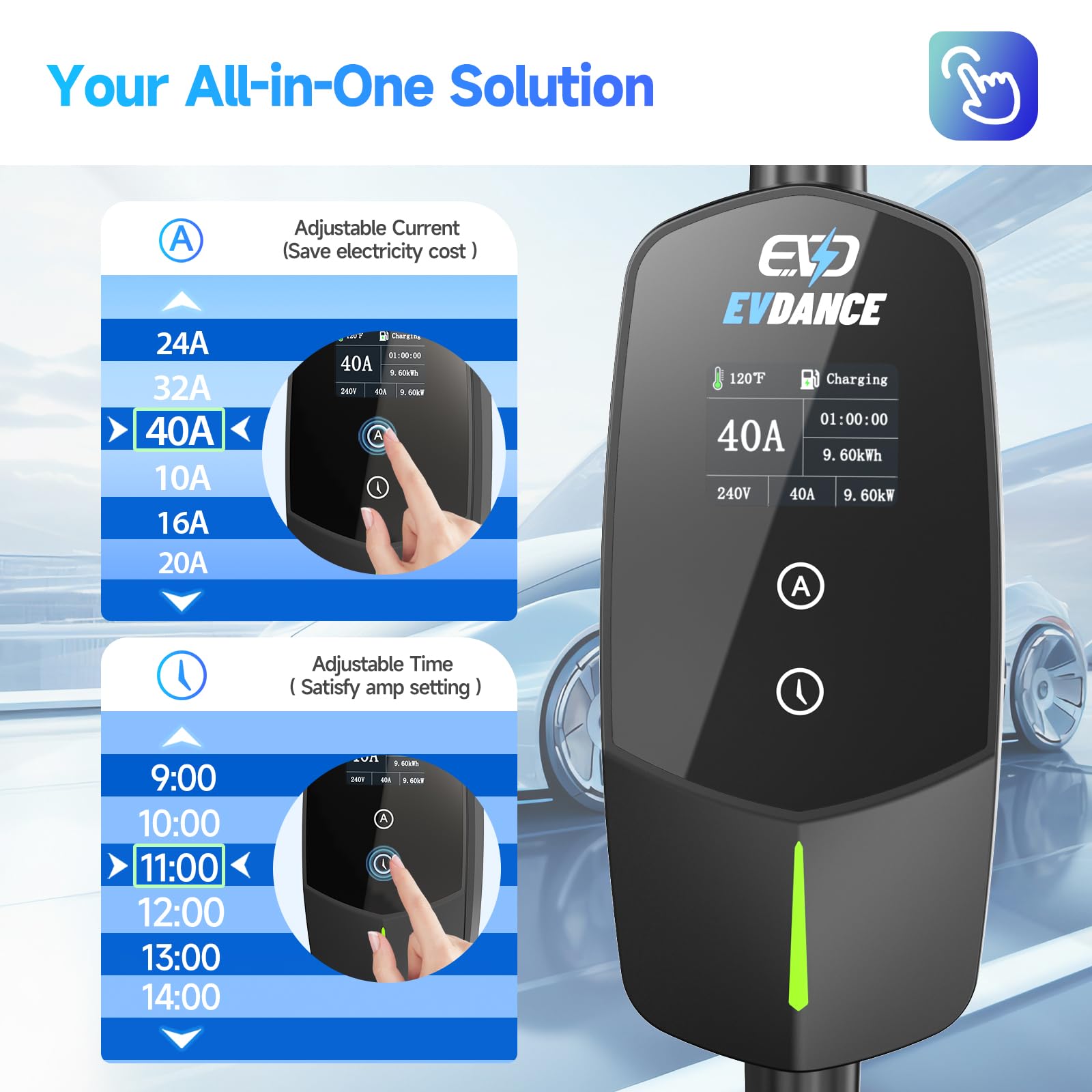 EVDANCE Level 2 EV Charger 40Amp, 240V 9.6KW Portable Electric Vehicle Charging Stations with NEMA 14-50P, 25FT Cable Adjustable