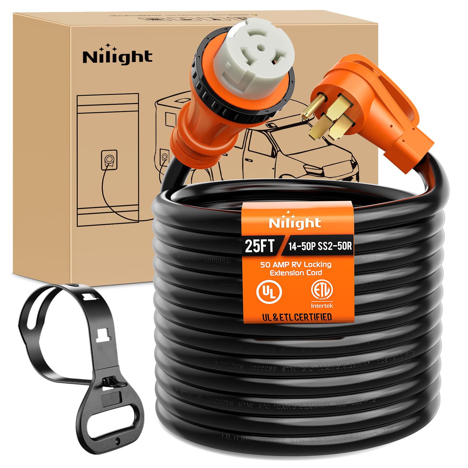 Nilight 50 Amp 25Ft Rv Locking Extension Cord 250V Heavy Duty 6/3+8/1 Gauge Pure Copper Stw Wire Etl Listed 4 Prong 14-50P Ss2-5