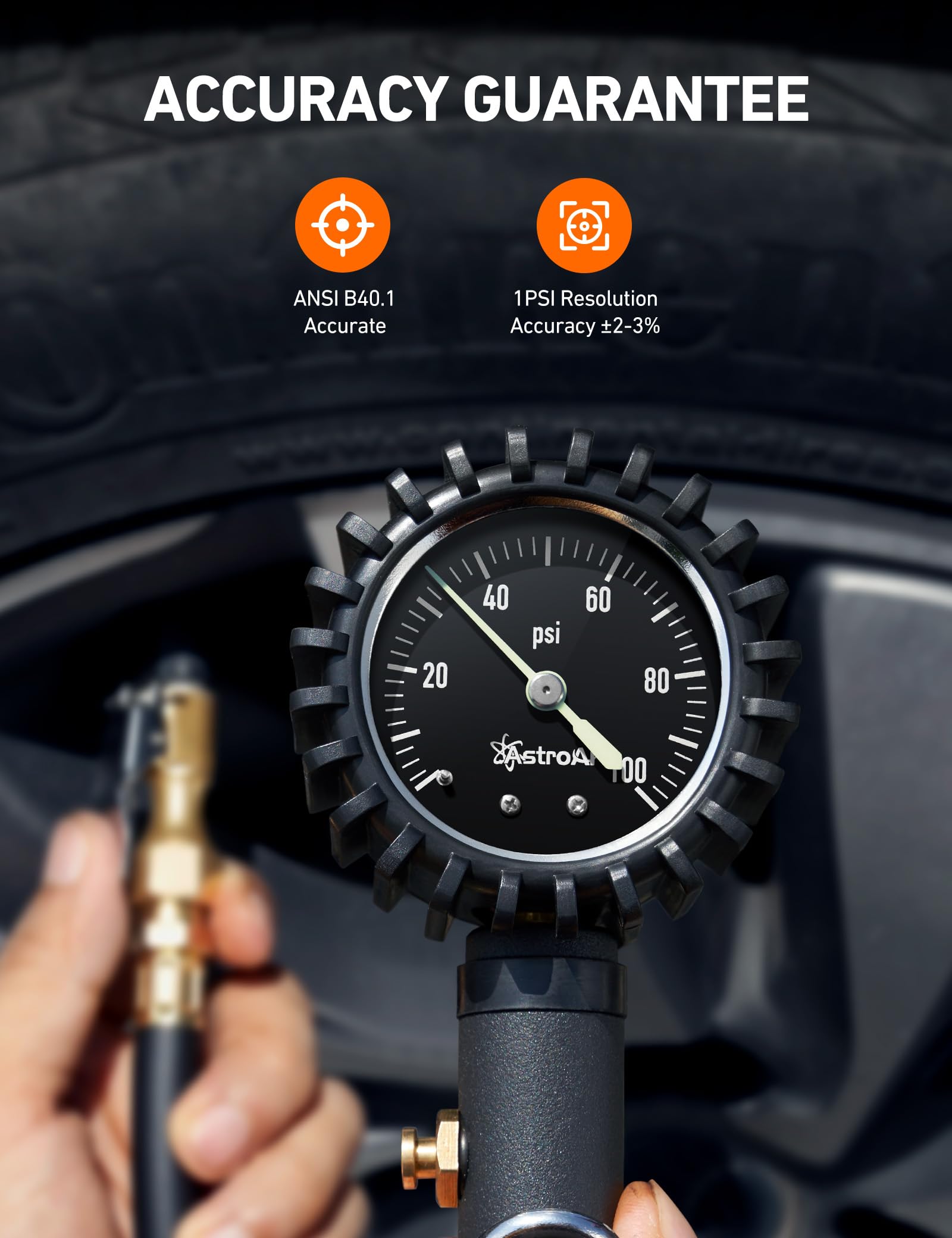 AstroAI Glow Dial Tire Inflator with Pressure Gauge 100 PSI, Heavy Duty with Large 2' Easy Read Glow Dial, Air Chuck, Quick Connect Coupler and Rubber Hose Compressor Accessories, Gifts for Men.