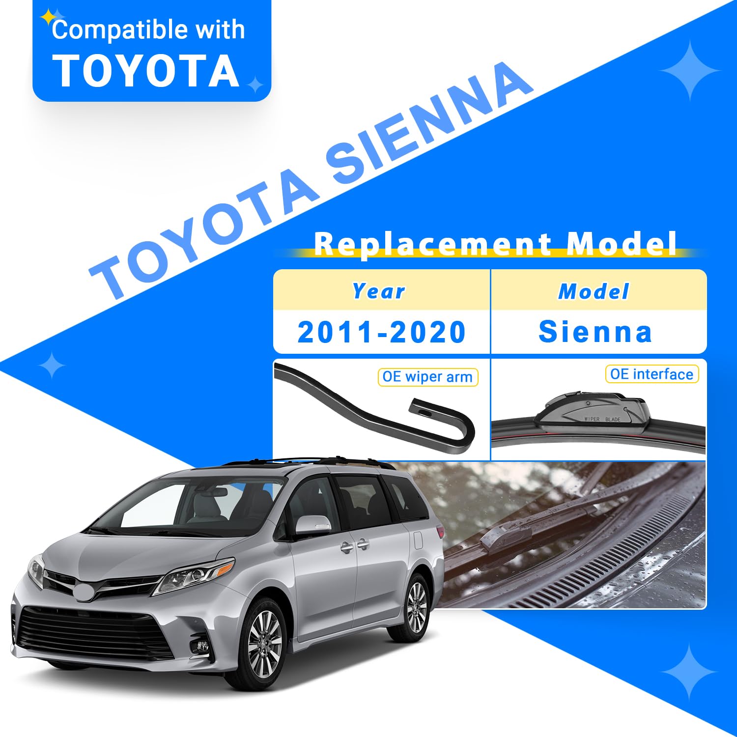 Raintok Windshield Wiper Blades Replacement For 2011-2020 Toyota Sienna Original Factory Quality Front Rear Wipers Blade Set For