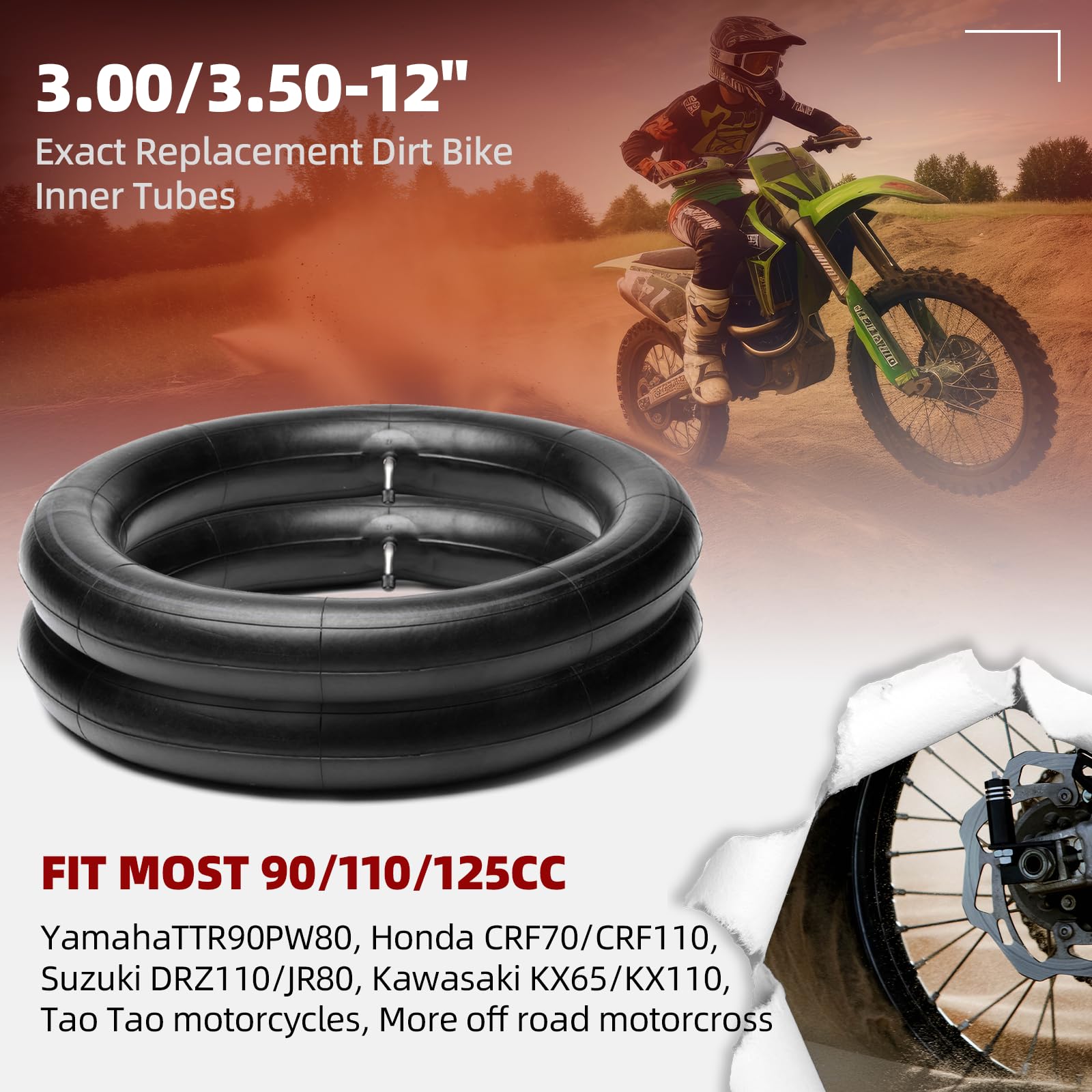 AR-PRO 3.00/3.50-12 Dirt Bike Inner Tubes (2 Pack) with TR87 Bent Valve Stem - Fits Honda CRF50, Kawasaki KLX 110