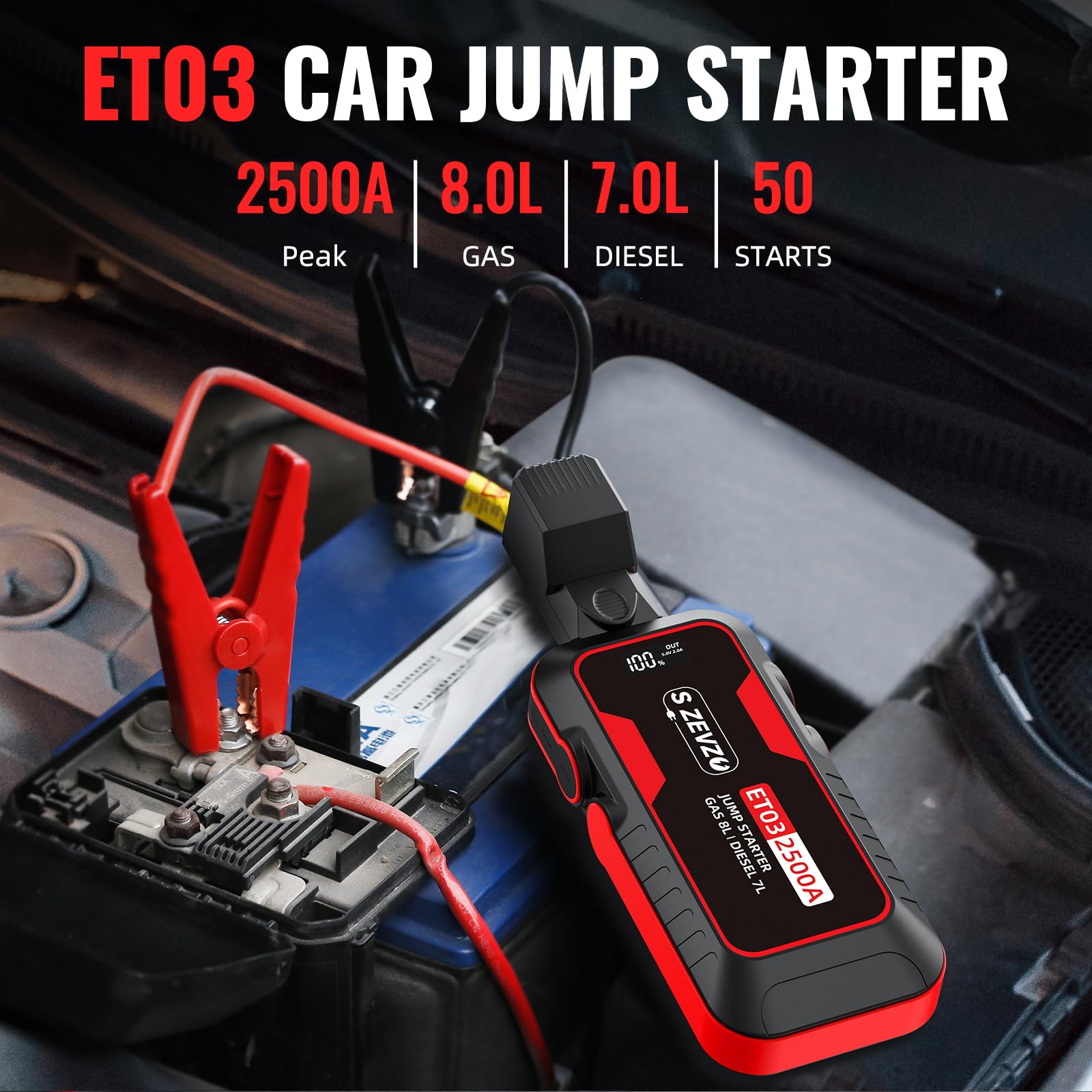 S ZEVZO ET03 Car Jump Starter 2500A for 8.0L Gas & 7.0L Diesel Engines, Portable 12V Battery Pack with USB, LCD, LED