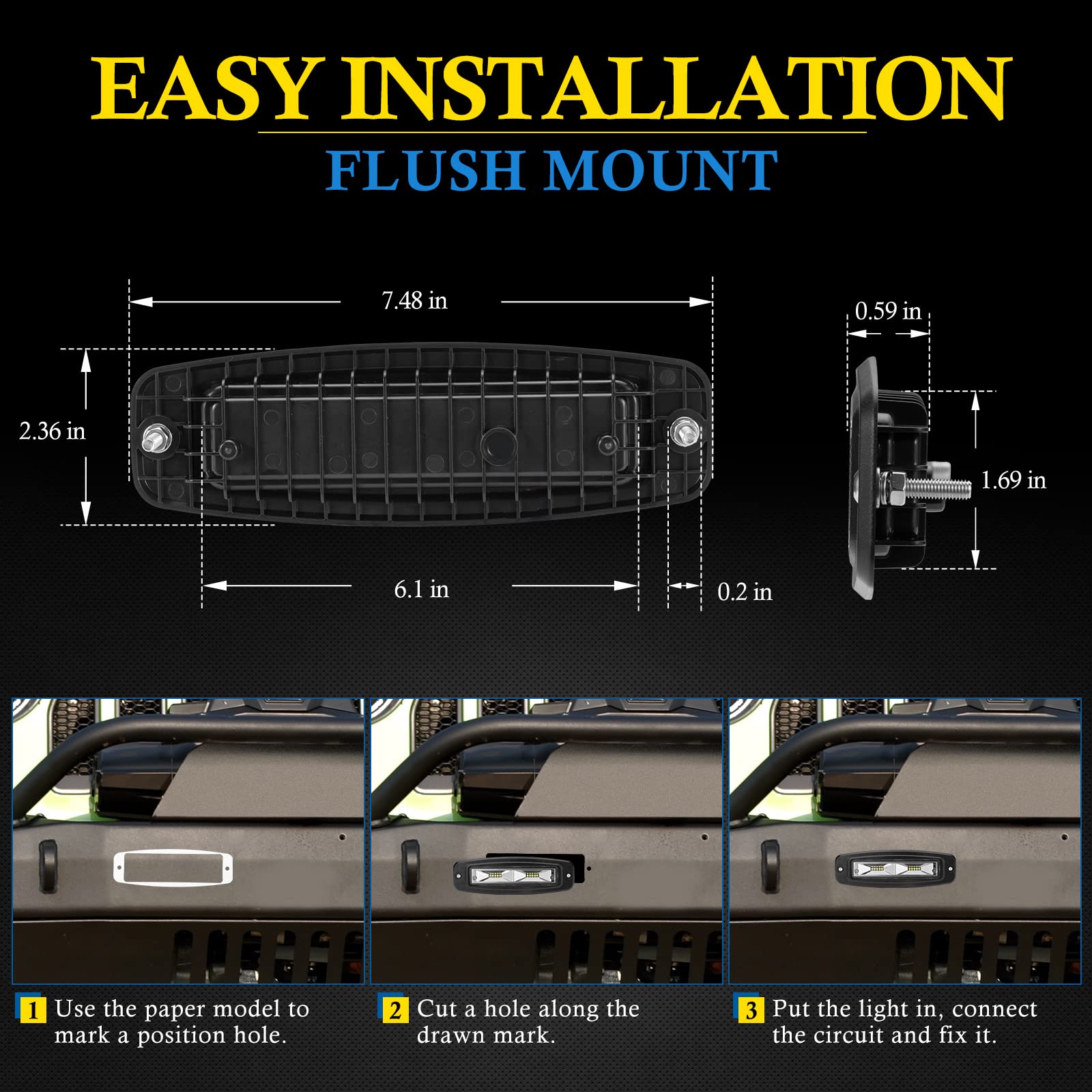 Bunker Indust 7'' Inch Flood Led Light Pods,Pair Flush Mount Led Work Light 4800Lm Light Bar Backup Driving Lights Waterproof Fo