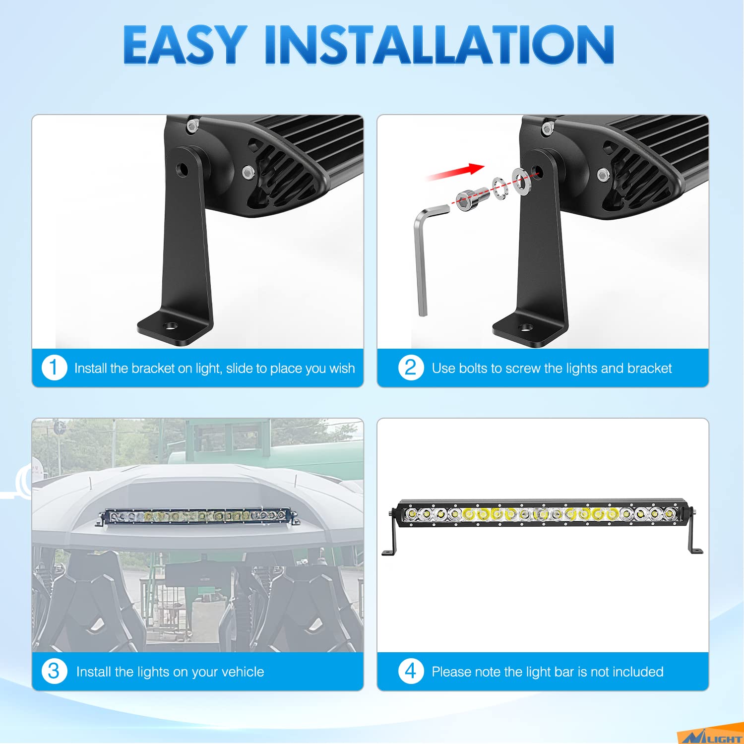 Nilight 2Pcs Universal Side-Mounted Brackets Adjustable Compatible With Straight Or Curved Led Light Bar, 2 Years Warranty,Black