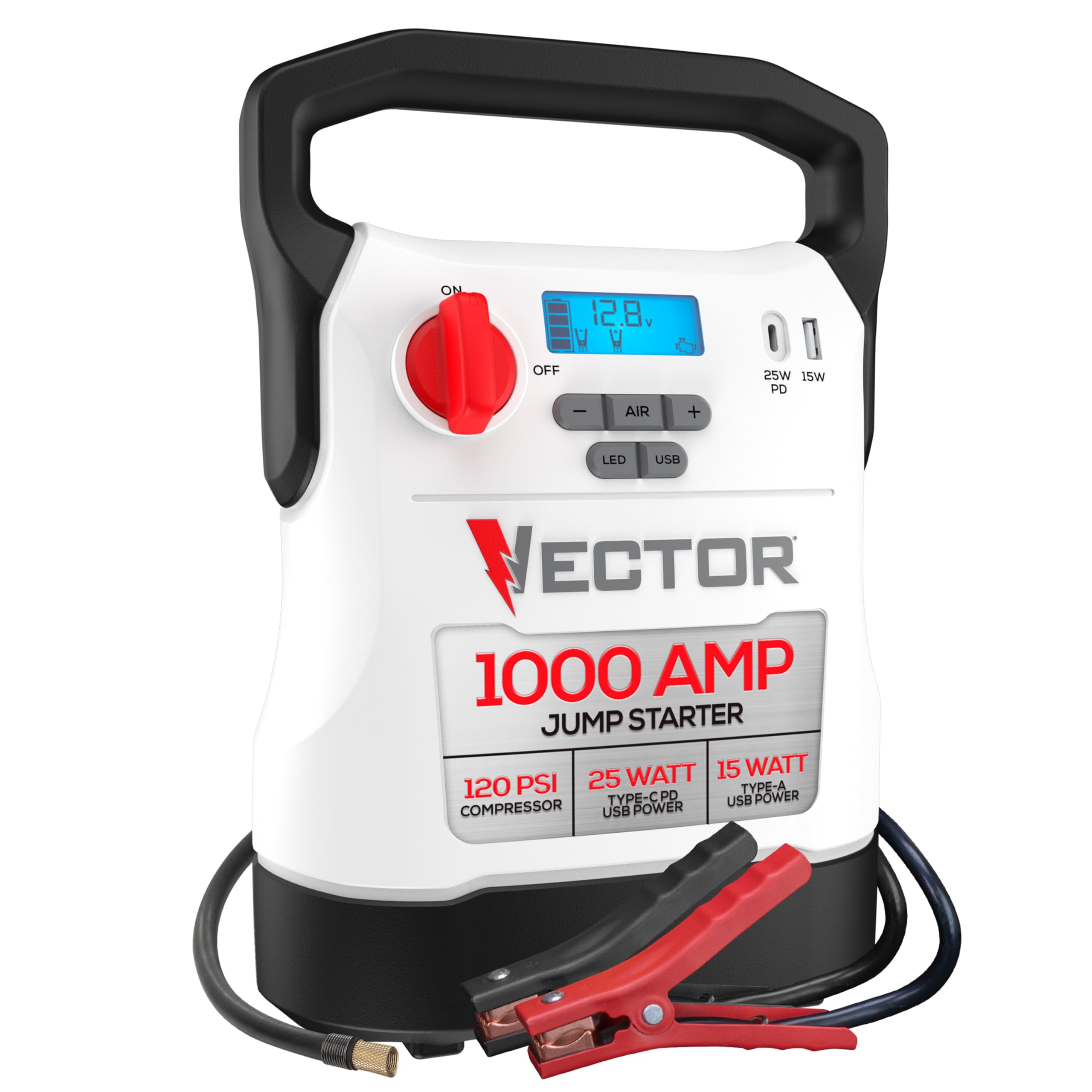 Vector VECJ1C 1000 Peak Amp Jump Starter with 120 PSI Compressor & USB-C & USB-A Power