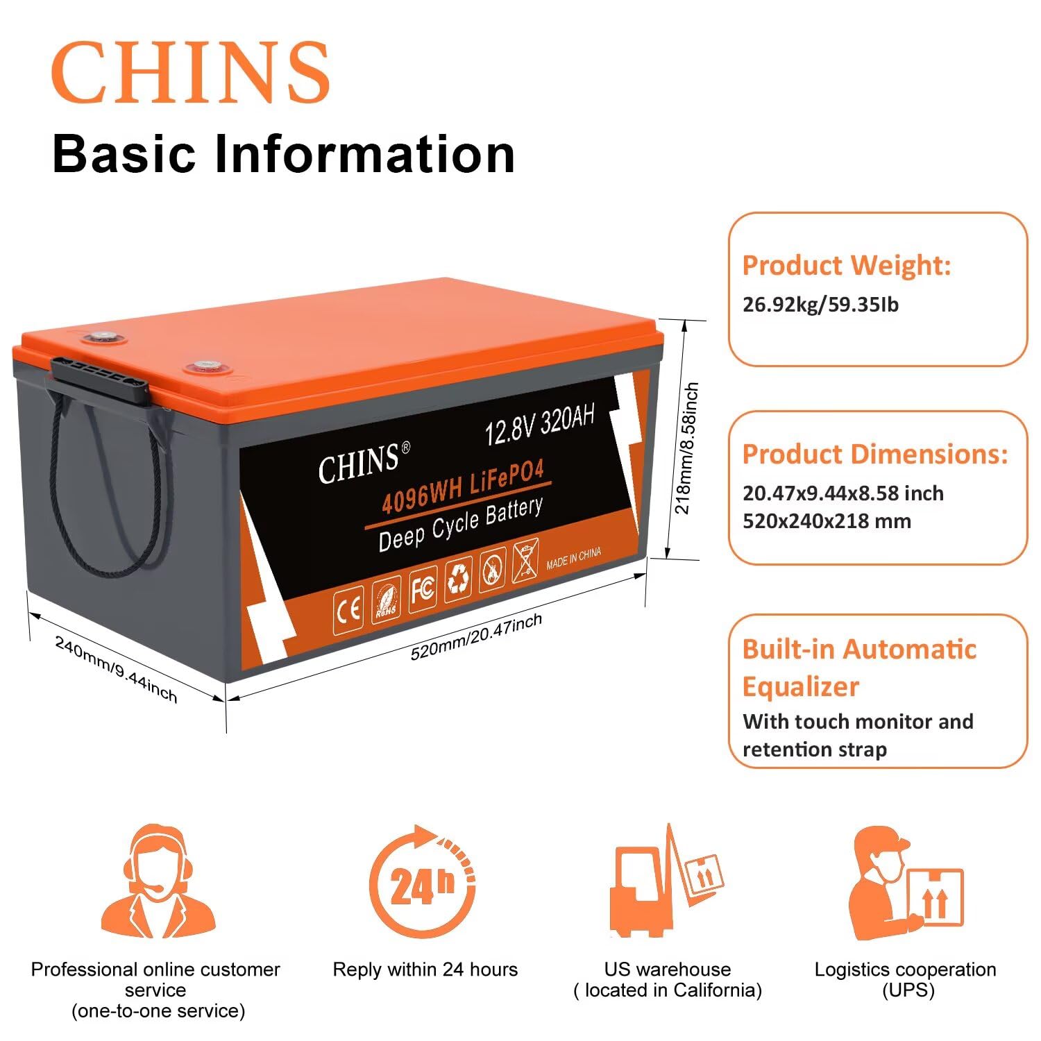 Chins Bluetooth Lifepo4 Battery Smart 12V 320Ah Lithium Battery - Built-In 200A Bms, 2000~5000 Cycles, Perfect For Replacing Mos