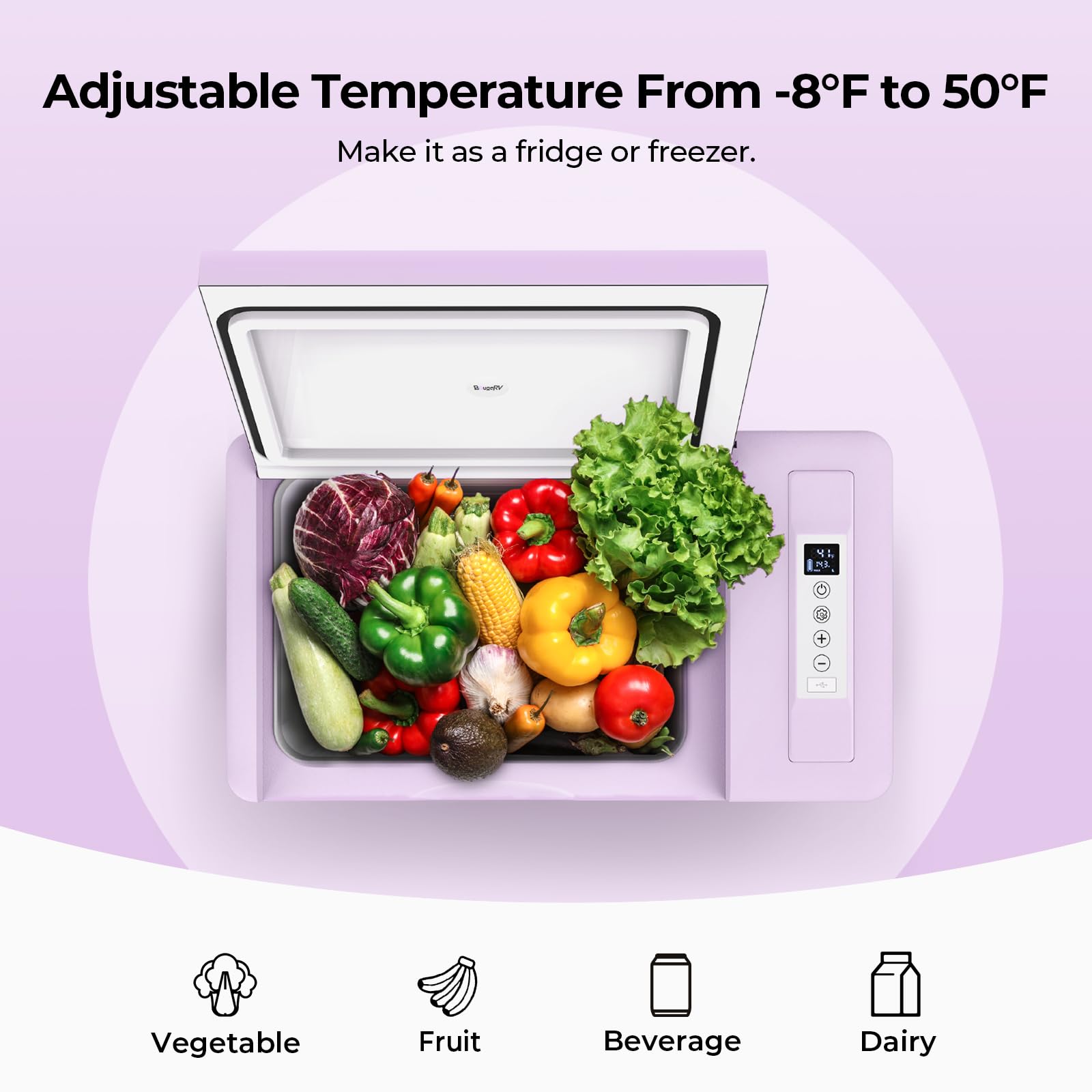 Bougerv Purple 23Quart Portable Refrigerator, 12 Volt Fridge 22L, Portable Freezer Compressor Cooler 12/24V Dc 110~240 Volt Ac F