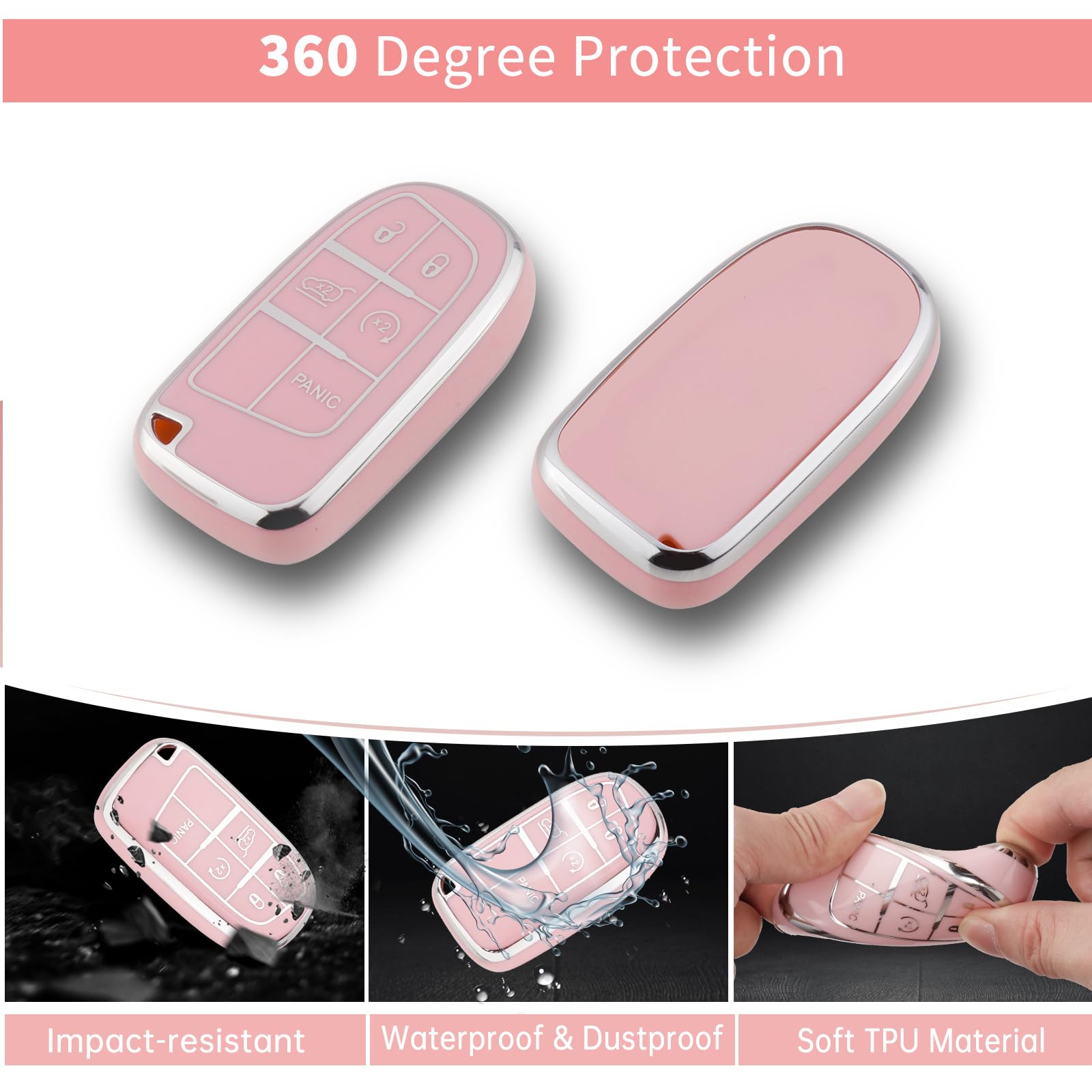 Pangpai Pink Car Accessories 3 Pcs For Jeep Grand Cherokee Renegade Wrangler Patriot Grand Commander Key Fob Cover With Bling Ke