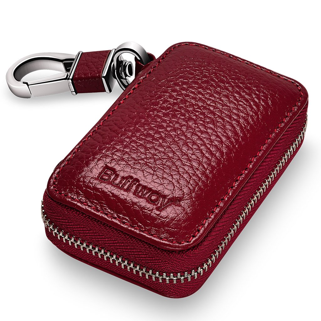 Buffway Car Key Chain Bag,Genuine Leather Car Keychain Coin Holder Metal Hook and Keyring Wallet Zipper Case for Auto Remote Key