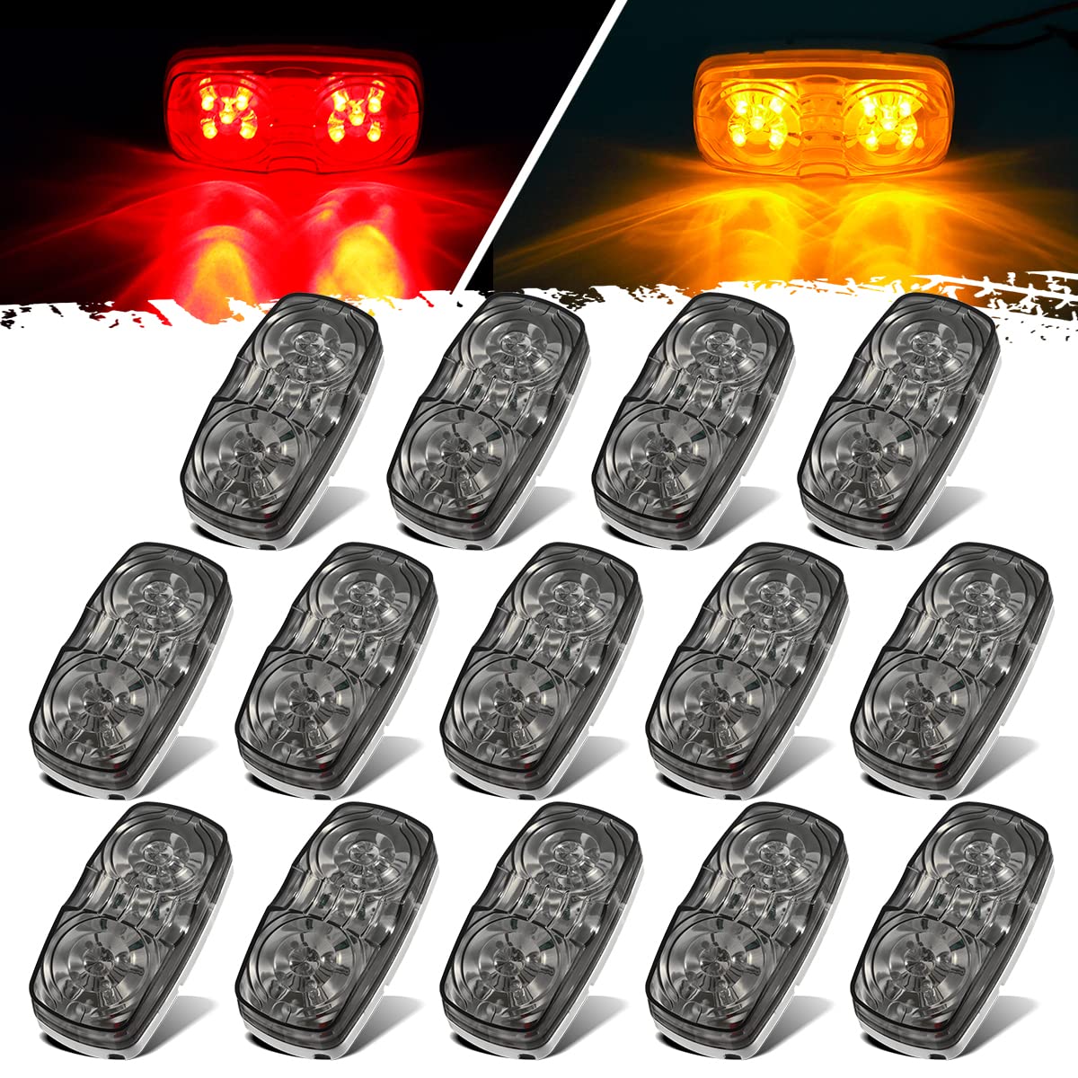 Partsam 14X Red/Amber Double Bullseye Led Light Side Marker Clearance Light Smoke Lens, Tiger Eyeled Marker Lights, 4'' Rectangu