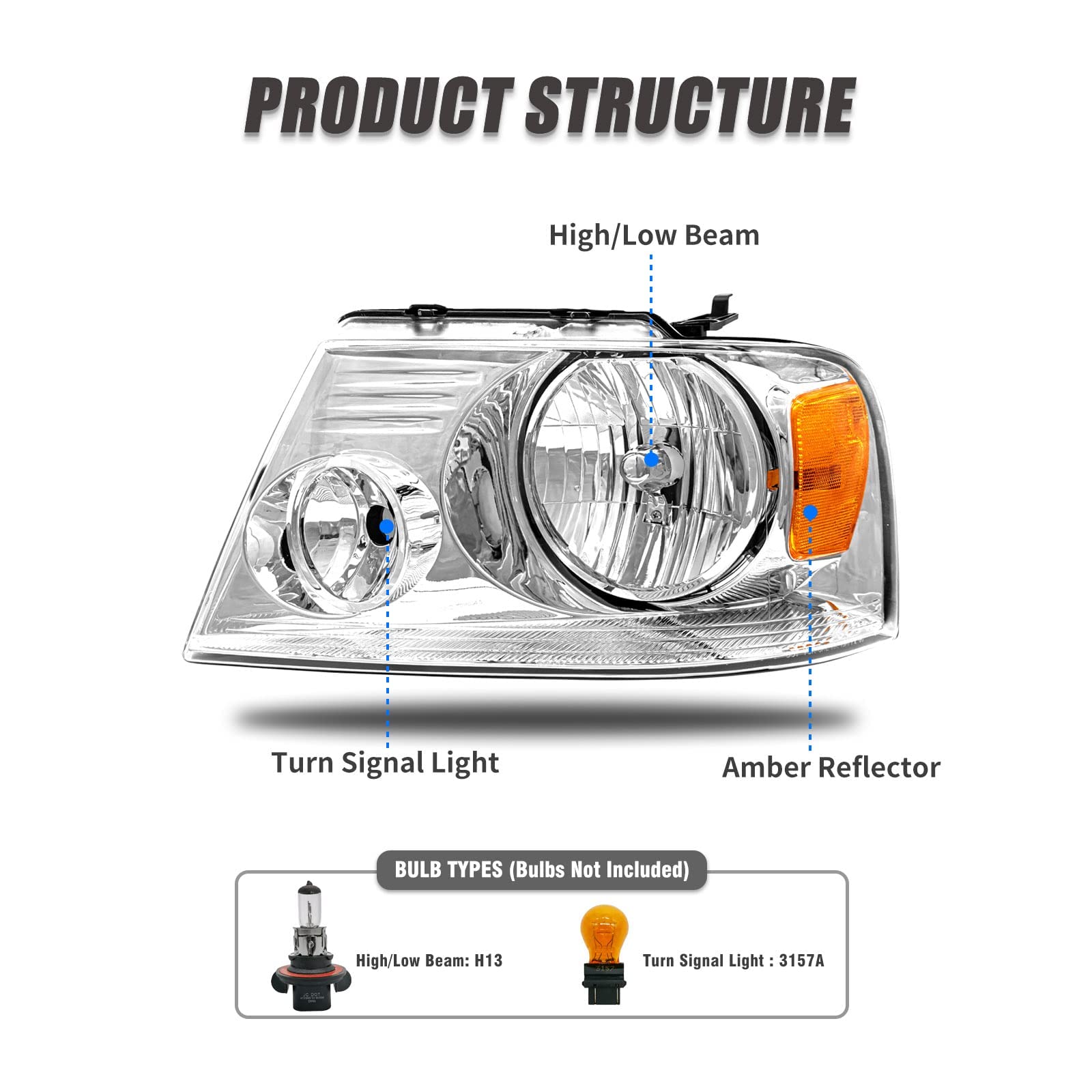 Adcarlights For 2004 2005 2006 2007 2008 F150 Headlight Assembly Compatible With 2004-2008 Ford F150 Pickup/ 2006-2008 Lincoln Mark Lt Clear Lens Chrome Housing Amber Reflector Headlamp Replacement