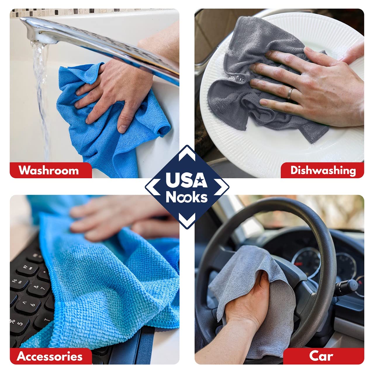 Usanooks Microfiber Cleaning Cloth - 6 Pcs 11.5''X11.5'' - High Performance - 1200 Washes, Ultra Absorbent Towels Weave Grime &