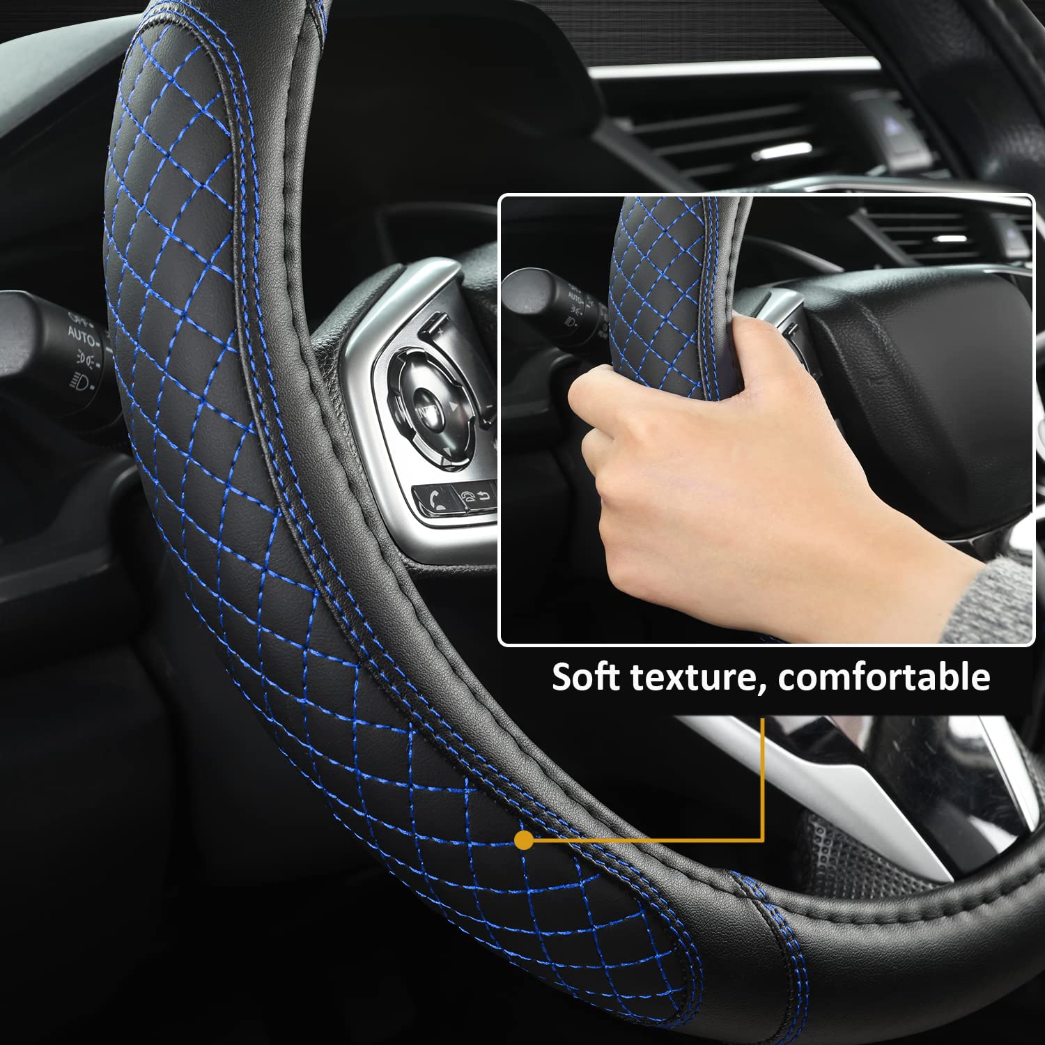 West Llama Customized Auto Car Steering Wheel Cover for Honda Accord CR-V HR-V Pilot Civic(Diamond Quilted -Black+Blue-Standard