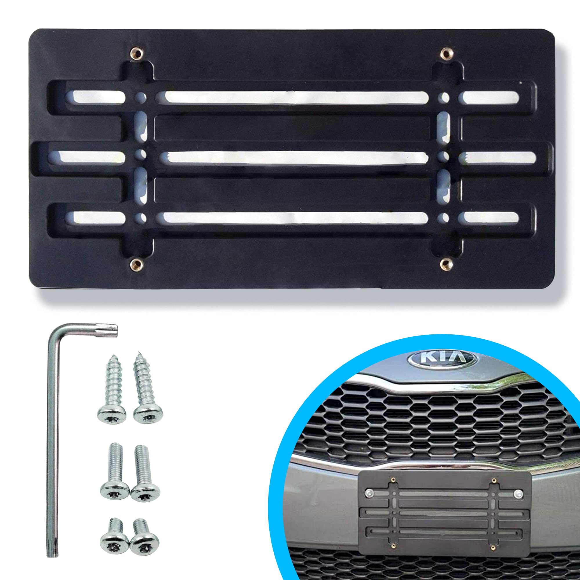 Front Bumper License Plate Bracket For Hyundai And Kia 2000-2023, Plate Holder Set W 6 Unique Screw Bolts & Wrench Kit, License Tag Mounting Kit, Quality Plate Holders, Car Accessories