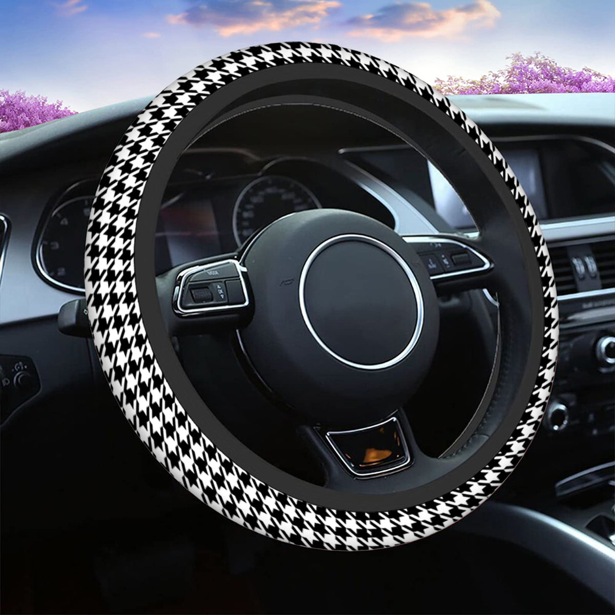 Swono Black White Houndstooth Universal 15'' Steering Wheel Covers Abstract Geometric Checked Tooth Cute Car Steering Wheel Cove