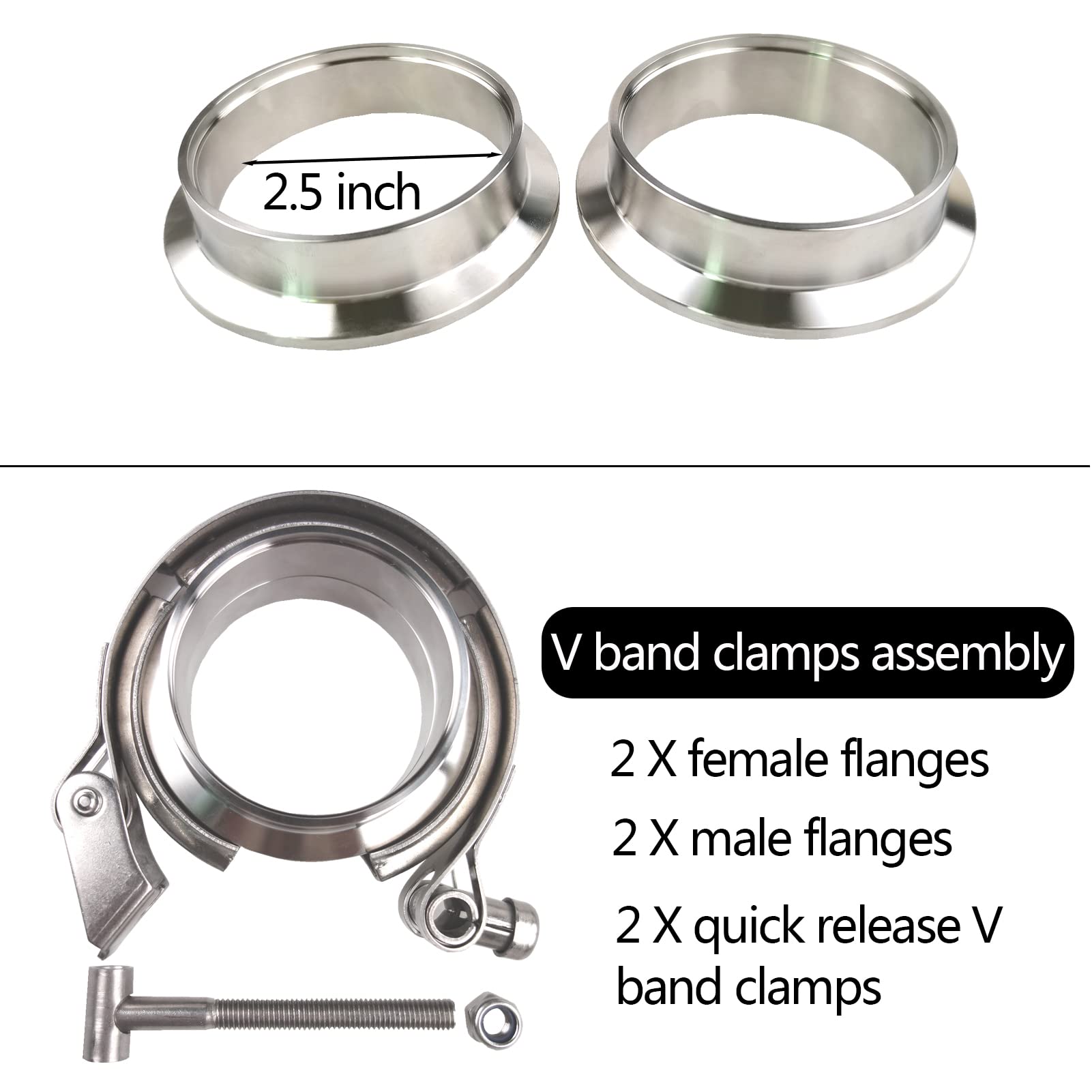 Gaeaauto 2 X 2.5' Quick Release V-Band Clamp With Male Female Flanges 304 Stainless Steel For Turbo Downpipes (2.5 Inch, 2 Pack)