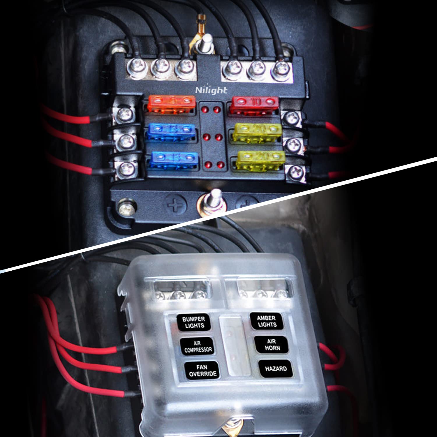Nilight - 50055F 6 Way Blade Screw Fuse Block 6 Circuits With Negative Bus Fuse Box Holder With Led Indicator Ato/Atc Fuse Panel