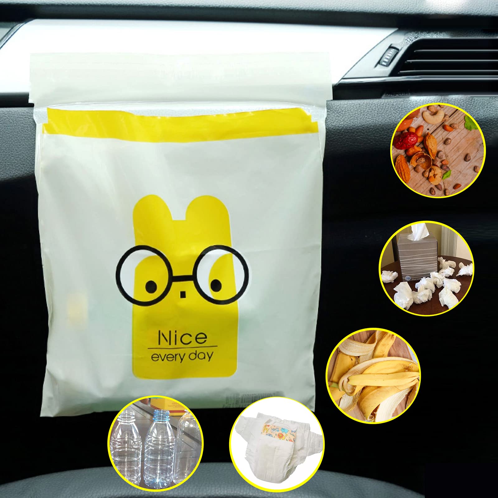 92Pcs Car Trash Bags Easy Stick-On Disposable Portable Car Garbage Bags, Waterproof Leak Proof Barf Vomit Bags, Self Adhesive Cl