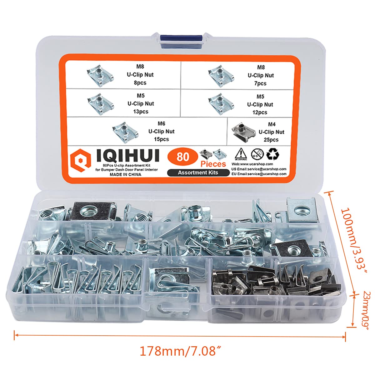 IQIHUI 80PCS Auto Car U-Clip, U Nut Kit Clip Nut Set,U-Shaped Nut M4 M5 M6 M8,for Dash Door Panel Interior, Automobile Motorcycl