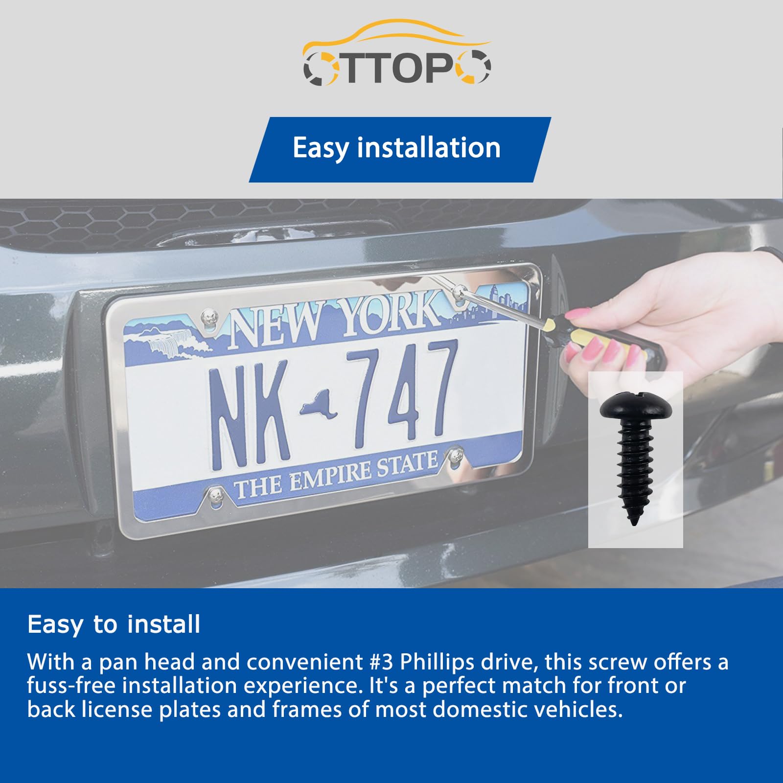 OTTOPO Black License Plate Screws - 18-8 Stainless Steel Phillip Pan Head, 8 Pack for Domestic Vehicles, Front & Rear Bolts