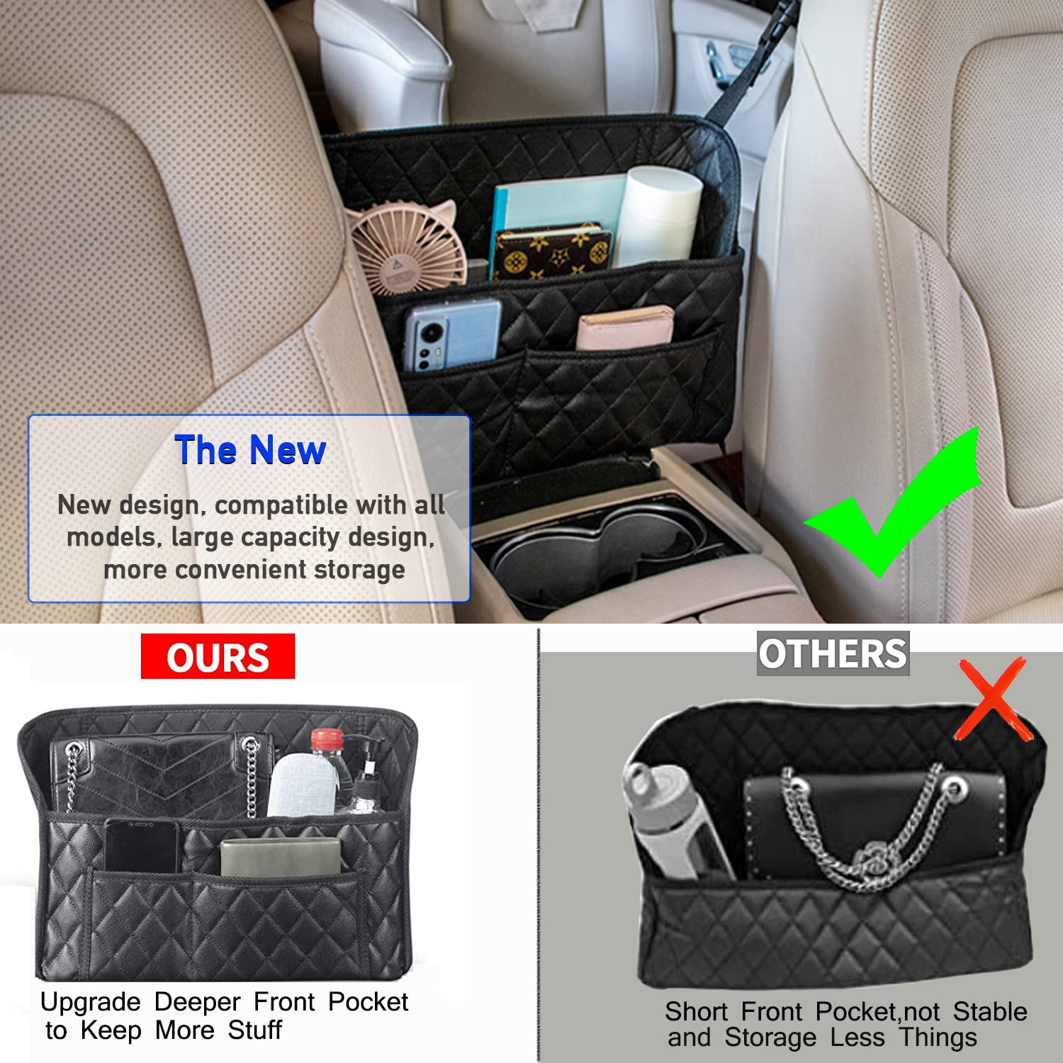 Seametal Car Purse Holder Between Seats,Car Handbag Holder For Front Seat,Between Seat Purse Holder Pu Leather (8 Pockets)