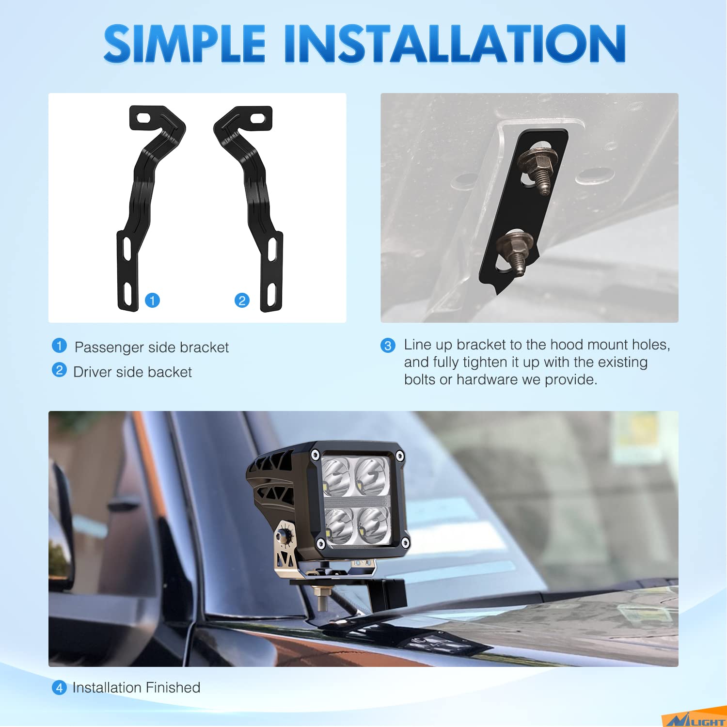 Nilight Ditch Light Brackets Hood Mount Brackets For Auxiliary Offroad Led Pod Light Work Light On 2Nd Gen Toyota Tacoma 2005-20