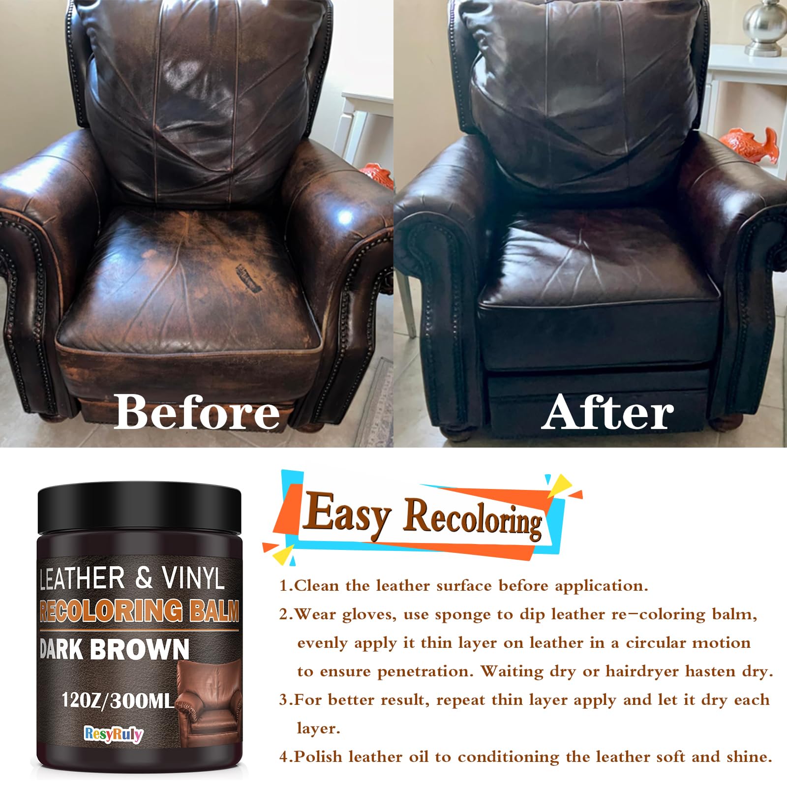 Leather Recoloring Balm Dark Brown Leather Dye Vinyl Paint Car Interior Seat Furniture Couch Recliner Chair Boots Jacket Shoes B