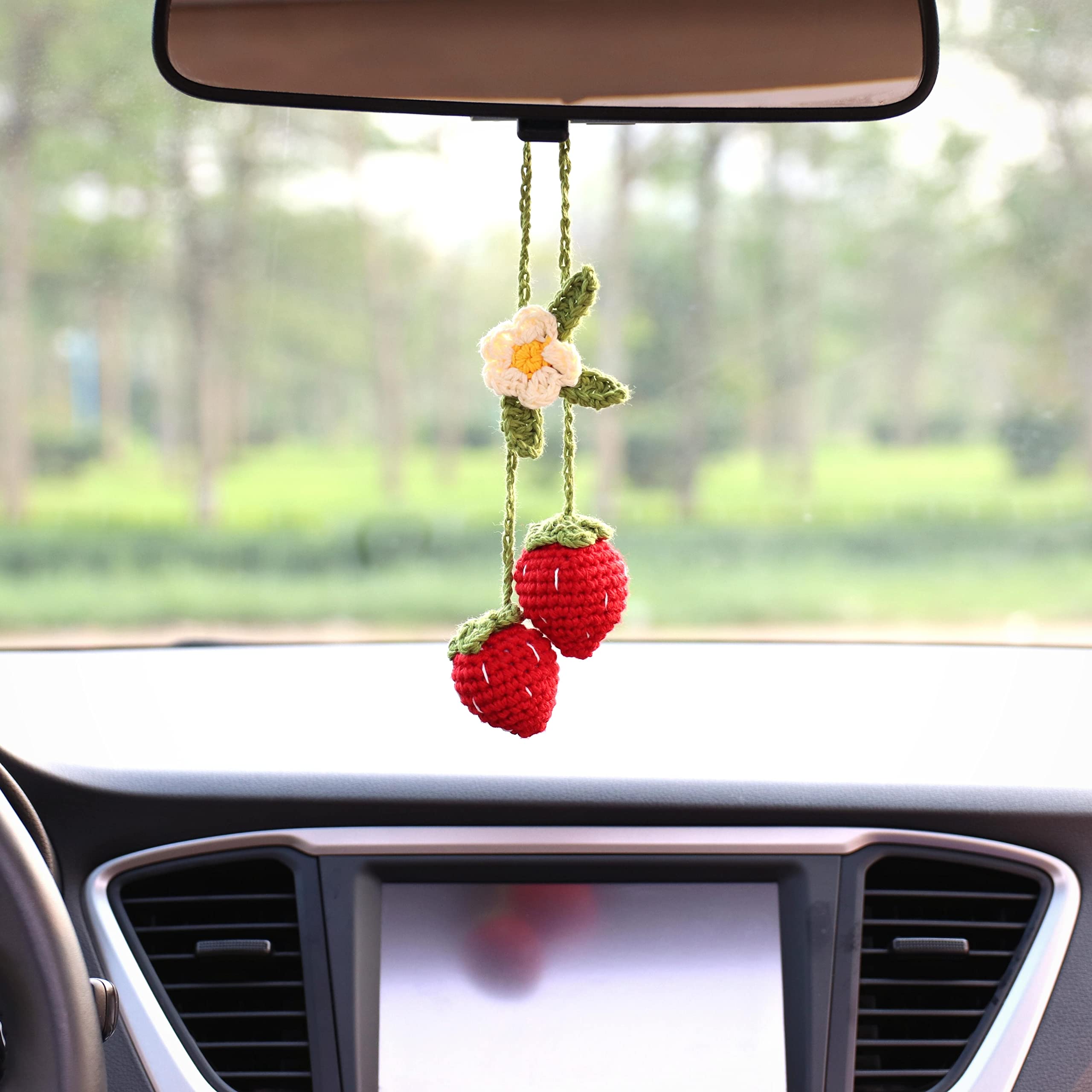 Bunny Crochet Strawberry Car Hanging Ornament, Handmade Car Rear View Mirror Hanging Accessories, Strawberry Car Ornament, Bag C