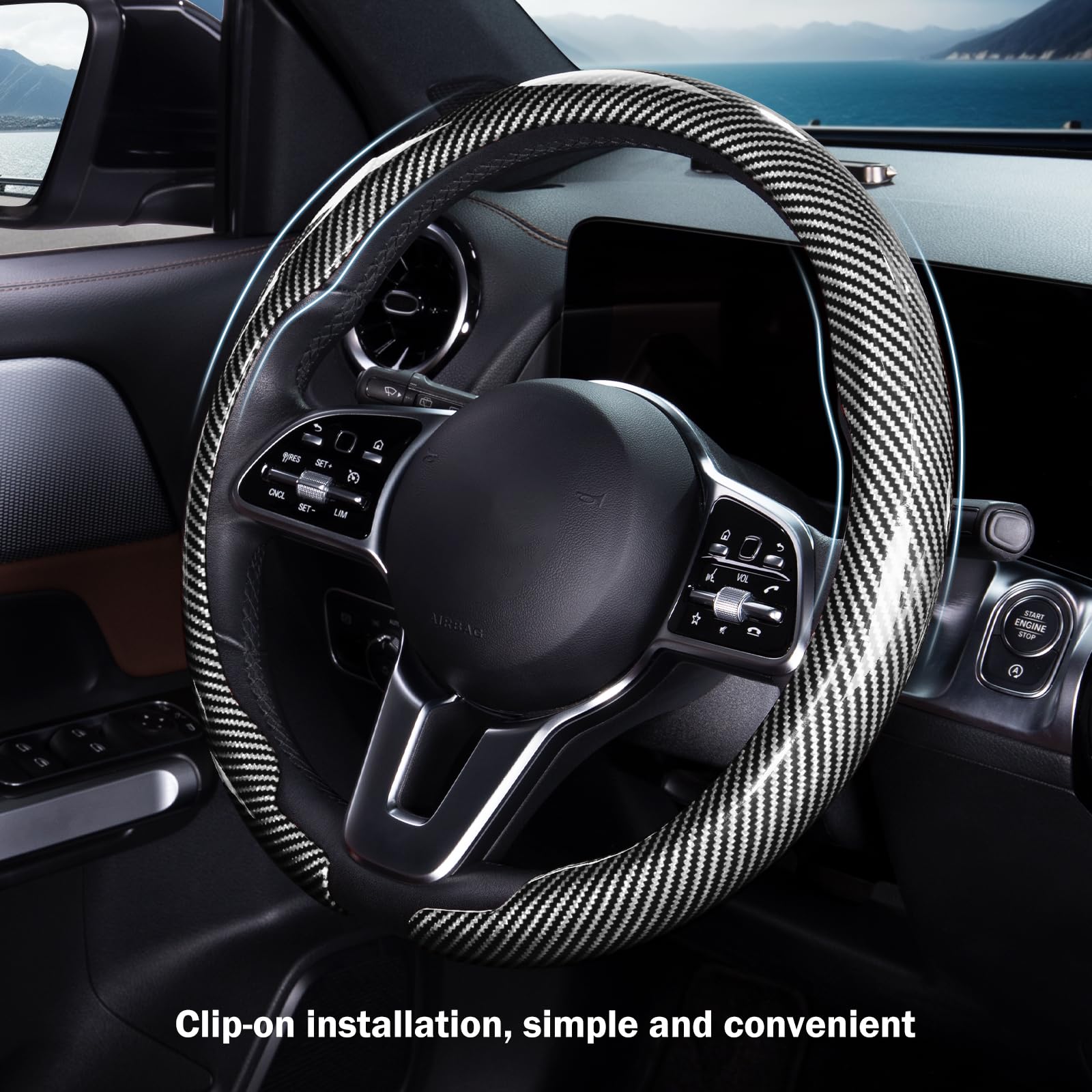 Car Steering Wheel Cover Carbon Fiber Snap On Steering Wheel Accessories Wrap 14.5-15 inch Universal Grip Anti-Skid Protector, G