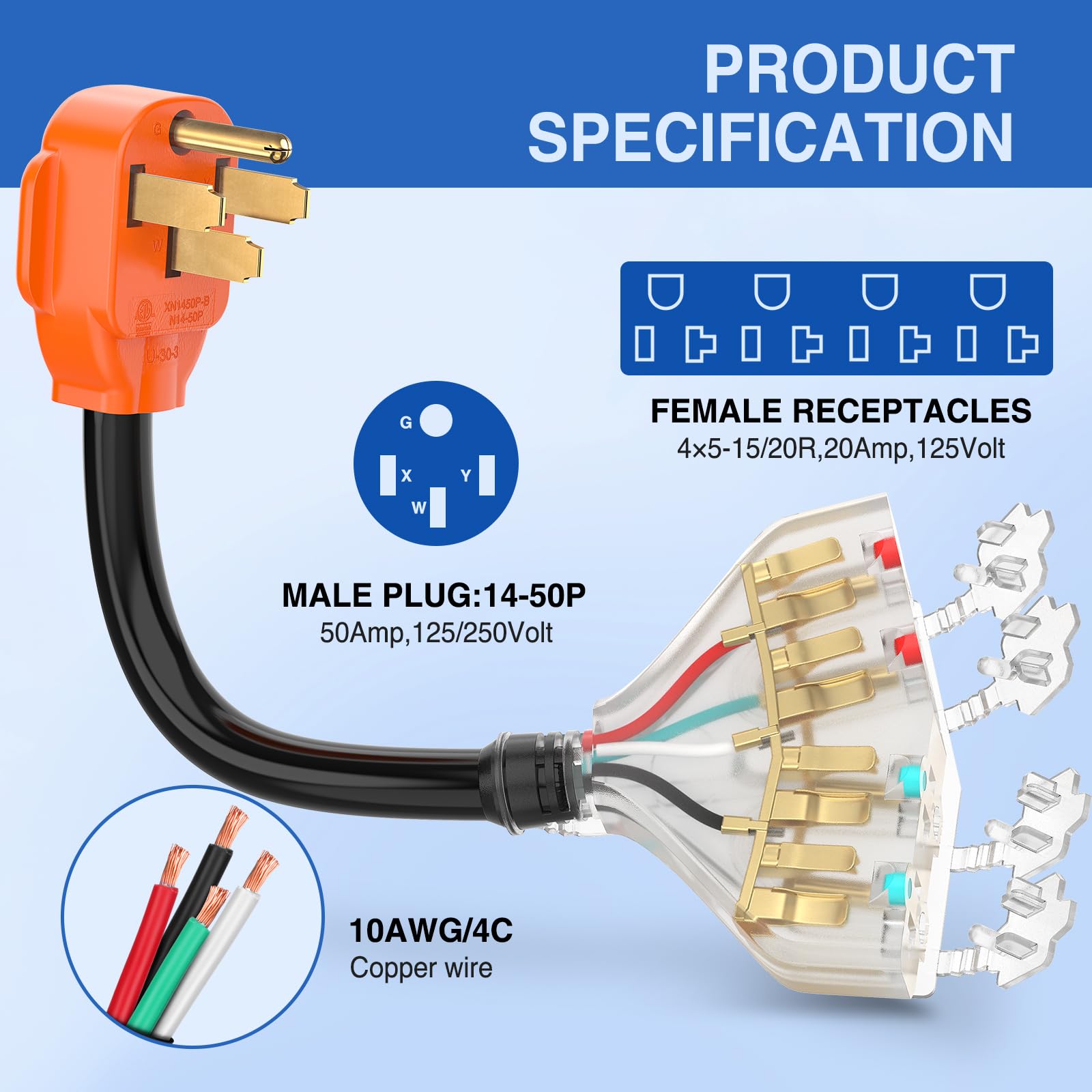 Nilight 50 Amp To 110V Rv Adapter Cord 50 Amp To 20A Rv Distribution Adapter Cord 4 Prong 14-50P Male To 4X 5-15R/5-20R Female E